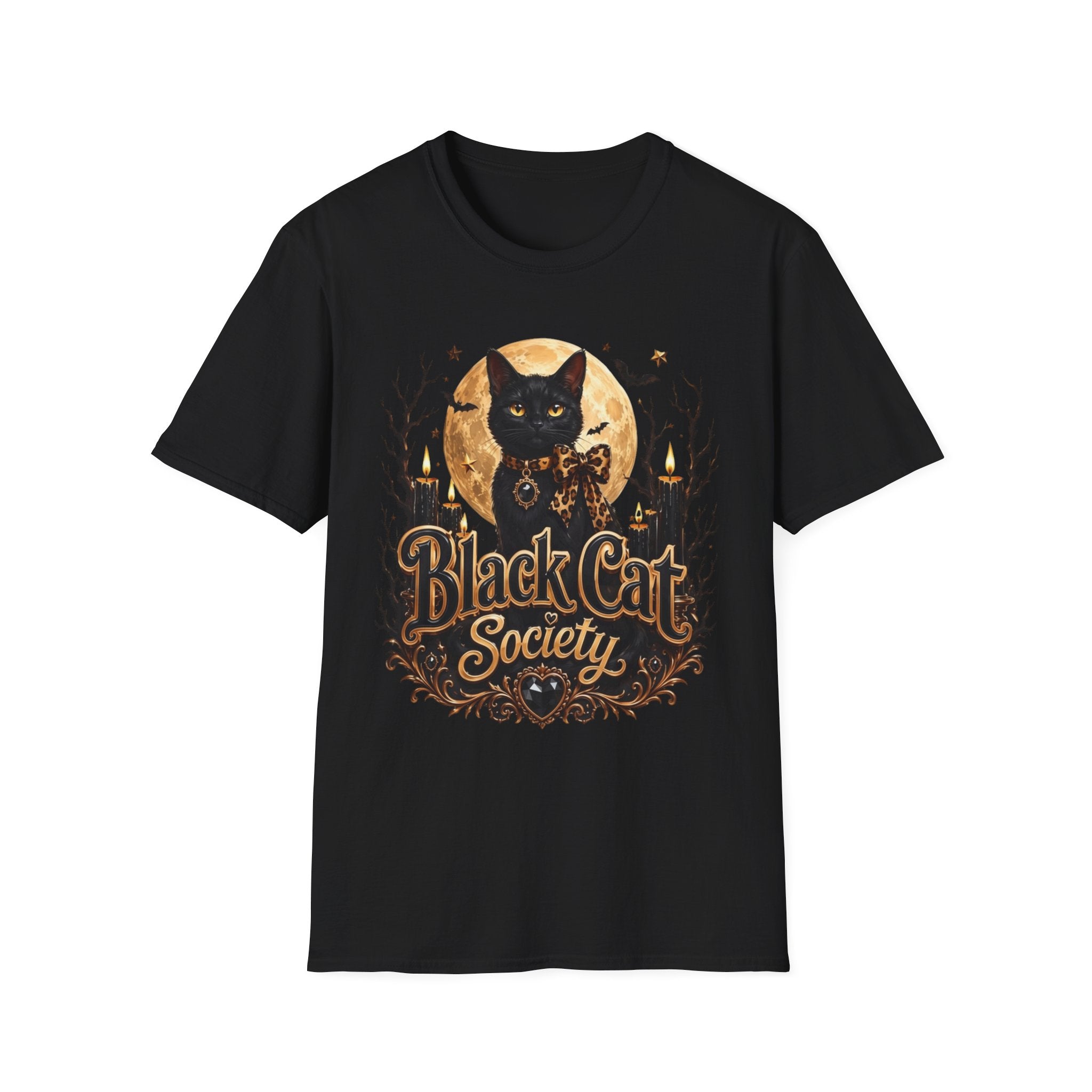 Black t-shirt laid flat, printed with a black cat before a glowing full moon