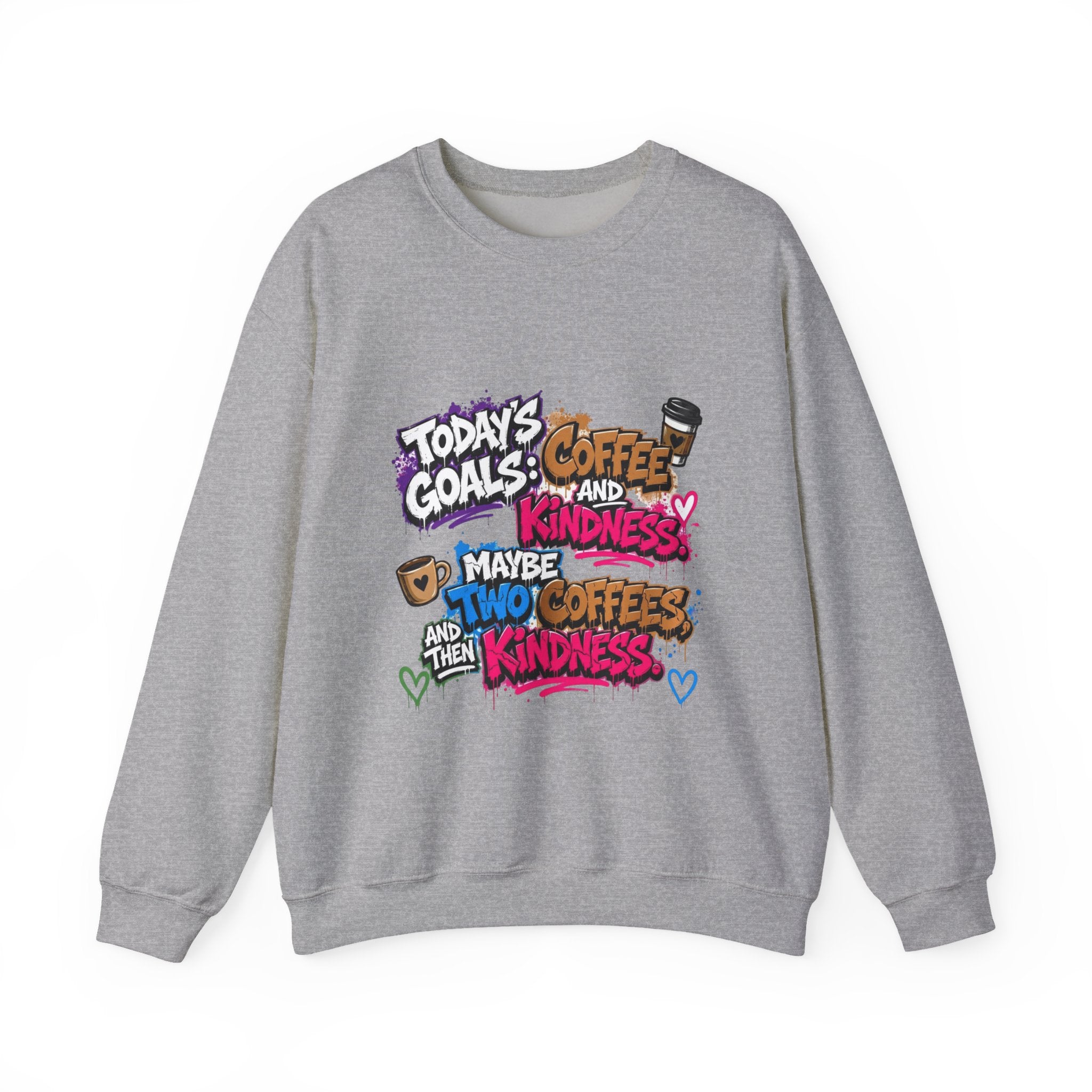 Sport Grey crewneck sweatshirt laid flat, printed with a stacked graffiti lettering in electric pinks