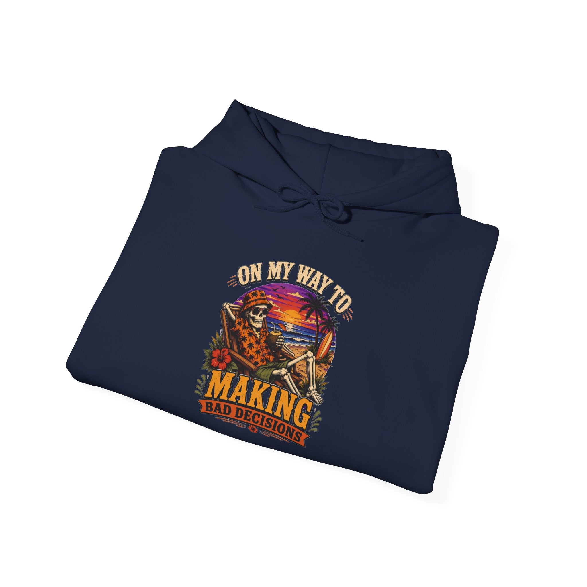 Navy hoodie styled flat with a candle — sunset skeleton print