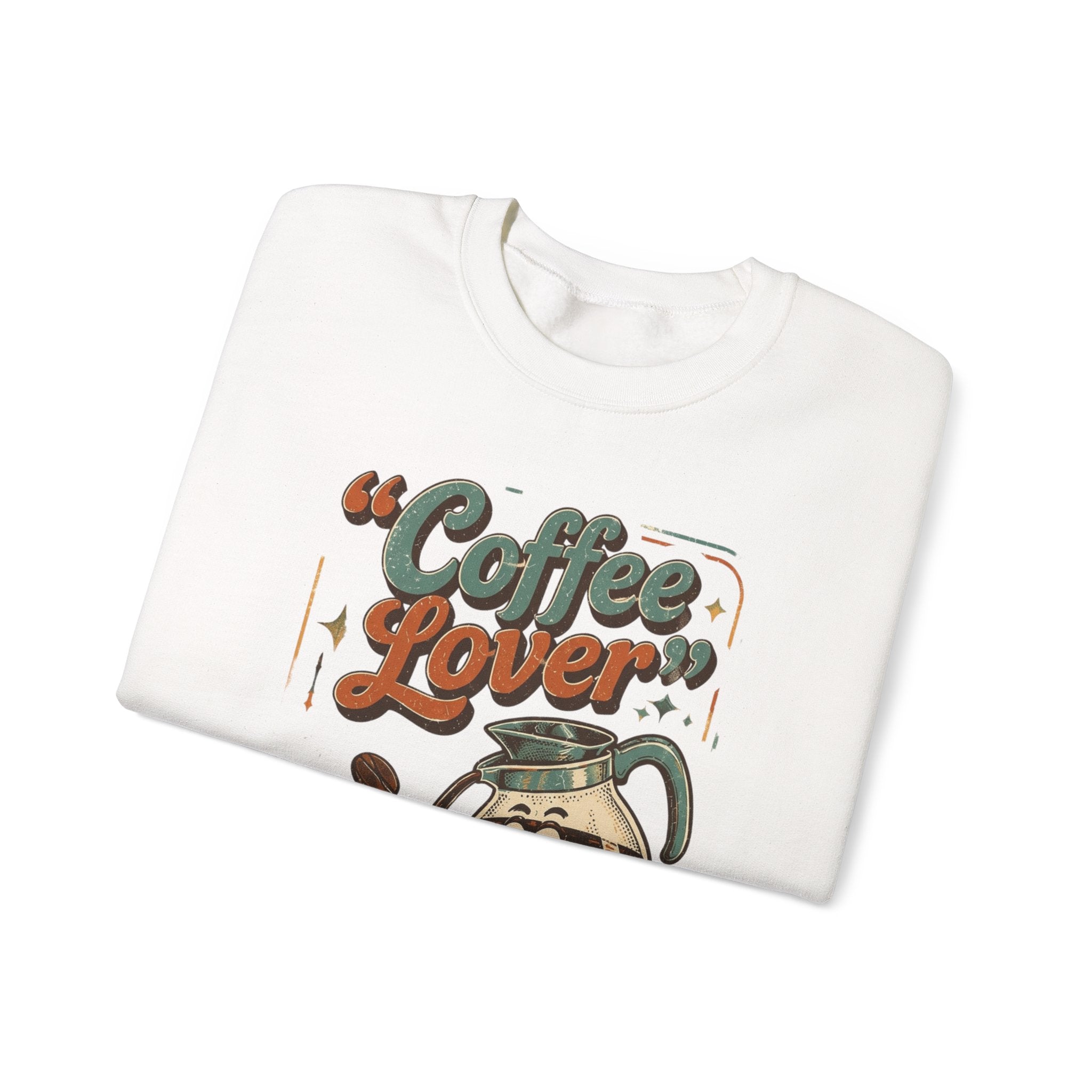 White crewneck sweatshirt folded to show the retro coffee pot print