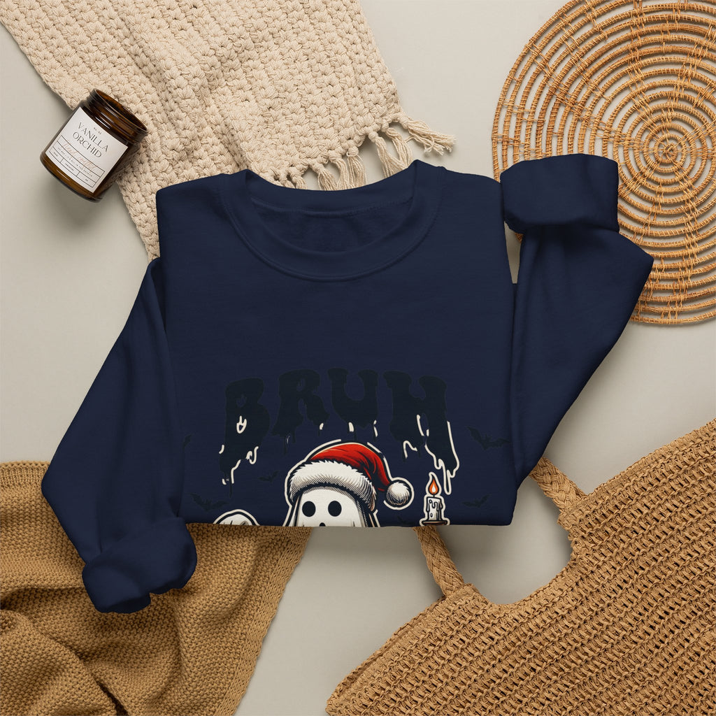 Navy crewneck sweatshirt styled flat with a candle — ghost in a Santa hat
