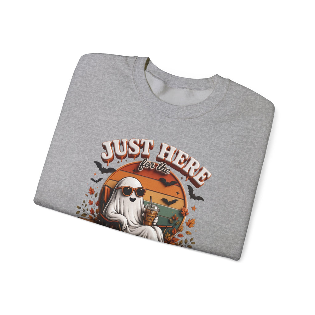 Sport Grey crewneck sweatshirt folded to show the ghost in sunglasses kicks back with an iced coffee print