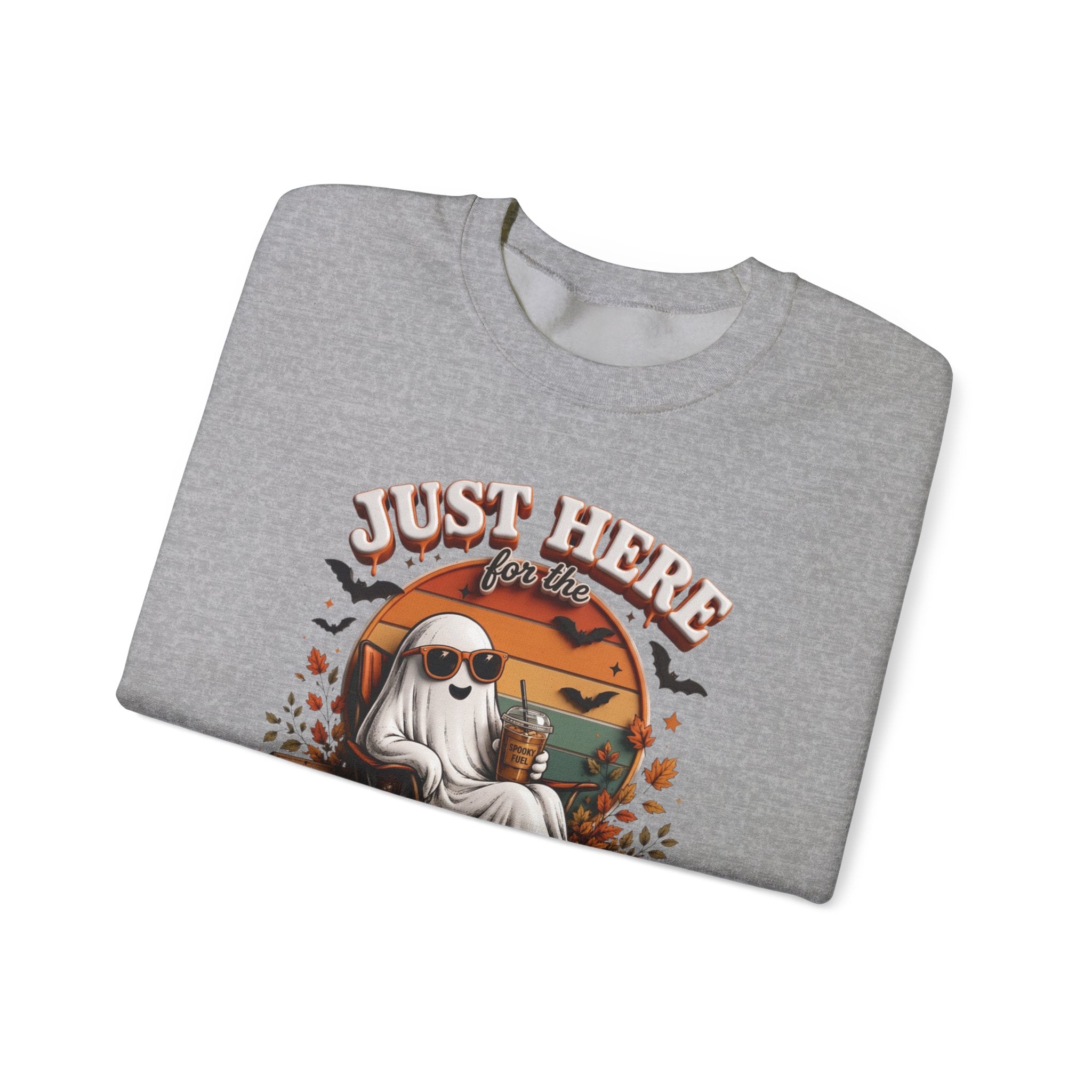 Sport Grey crewneck sweatshirt folded to show the ghost in sunglasses kicks back with an iced coffee print