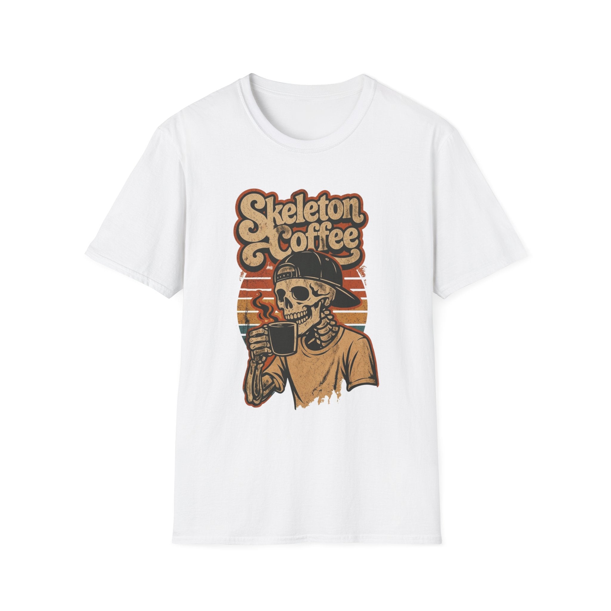 White t-shirt laid flat, printed with a skeleton in a knitted sweater raising a paper cup