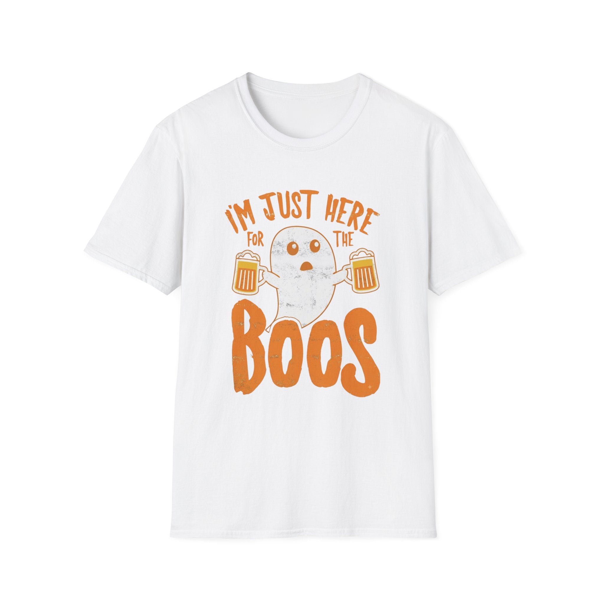 White t-shirt laid flat, printed with a single wide-eyed ghost raising a frothy pint under chunky