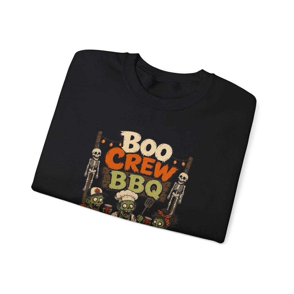 Black crewneck sweatshirt folded to show the skeletons and zombies working the grill under a hand-painted print