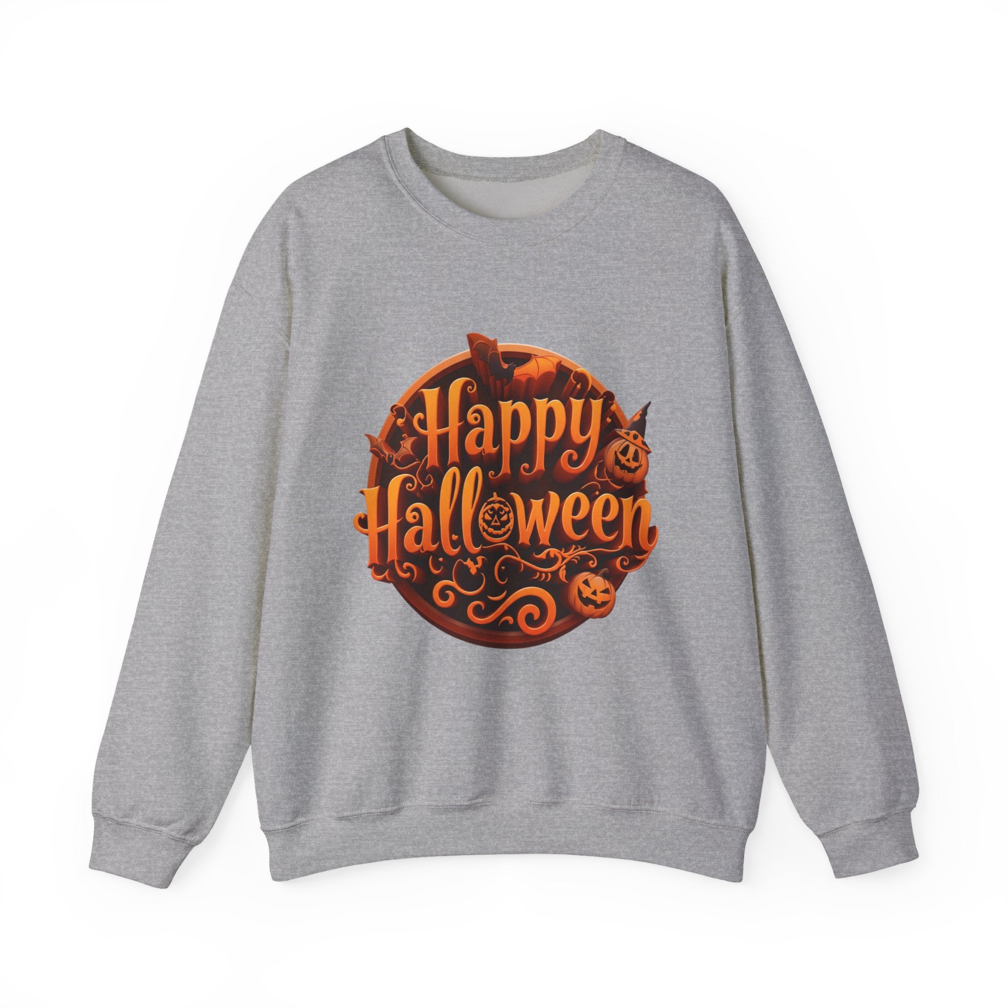 Sport Grey crewneck sweatshirt laid flat, printed with a glowing orange happy halloween script fills a round badge