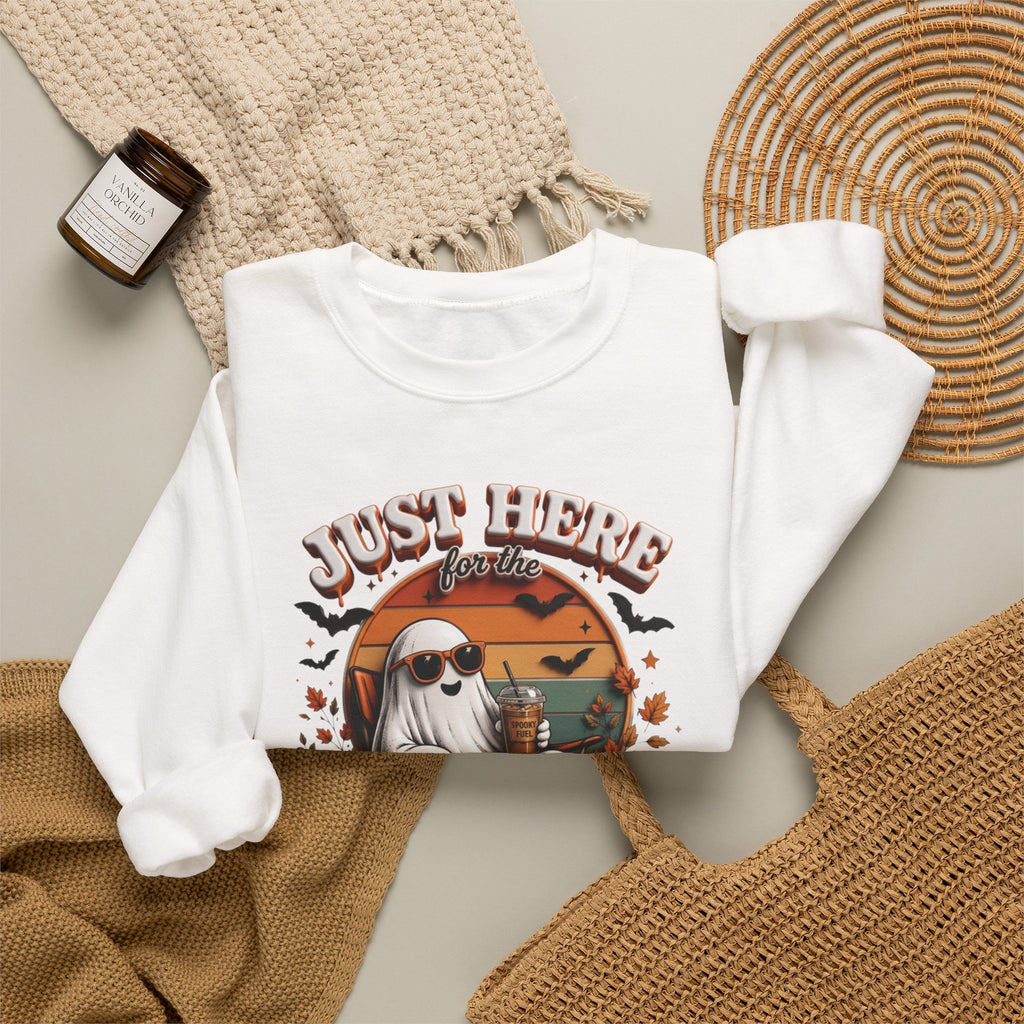 White crewneck sweatshirt styled flat with a candle — ghost in sunglasses with iced coffee