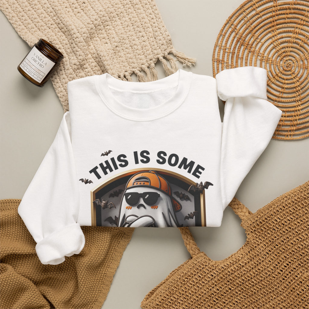 White crewneck sweatshirt styled flat with a candle — sheet ghost in an orange cap