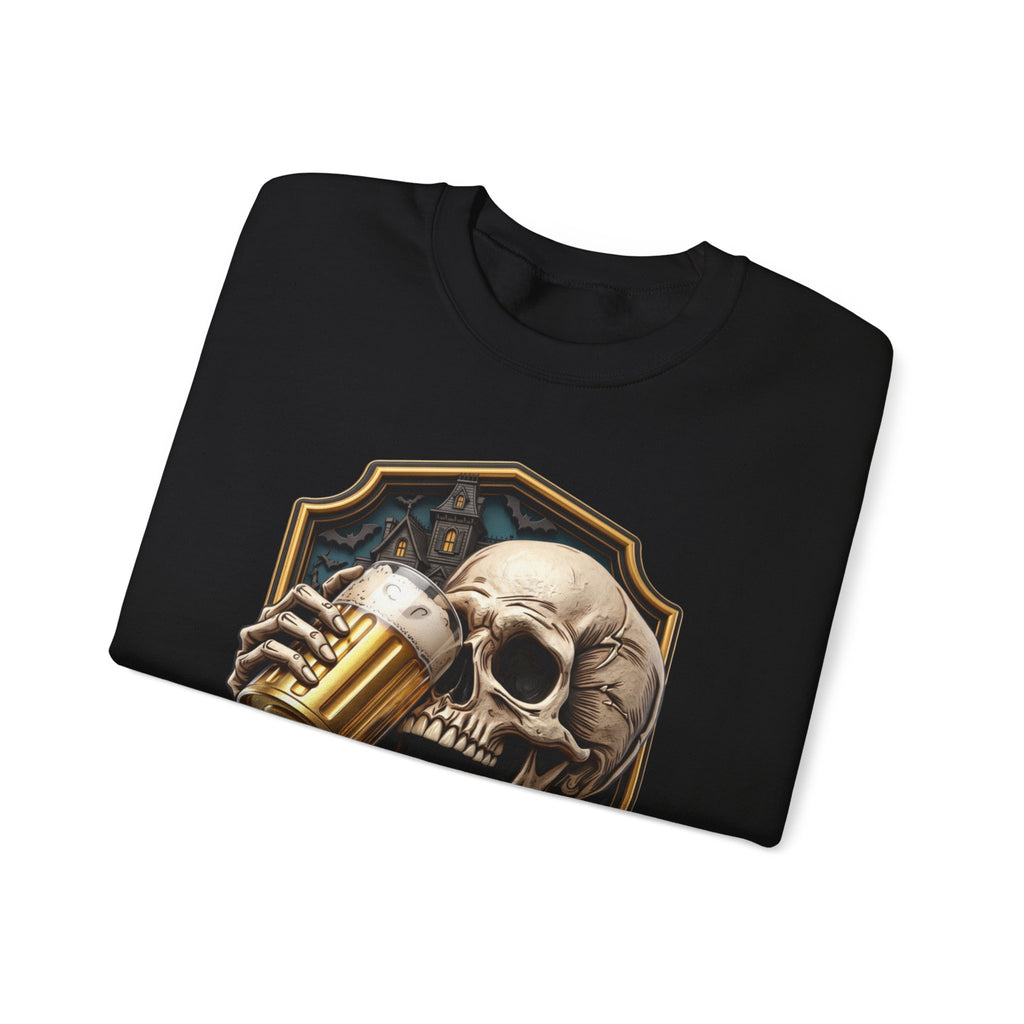 Black crewneck sweatshirt folded to show the cracked skull lifts a frothy beer mug inside print