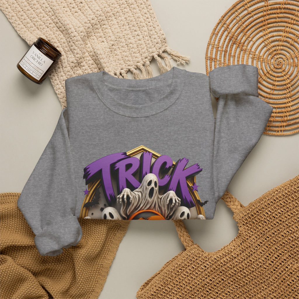Graphite Heather crewneck sweatshirt styled flat with a candle — ghosts huddled between carved pumpkins