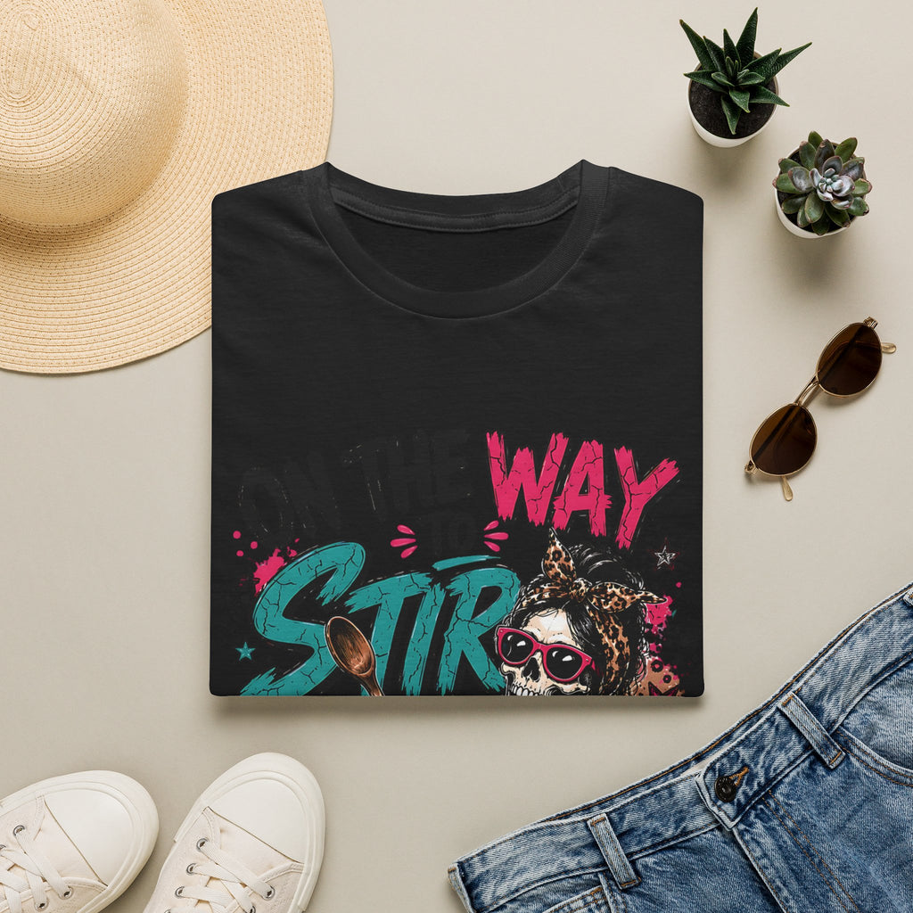 Black t-shirt styled flat with a candle — skeleton with teal and pink lettering
