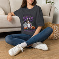 Dark Heather Grey t-shirt laid flat, printed with a cartoon ghosts in sunglasses stacked over pumpkins
