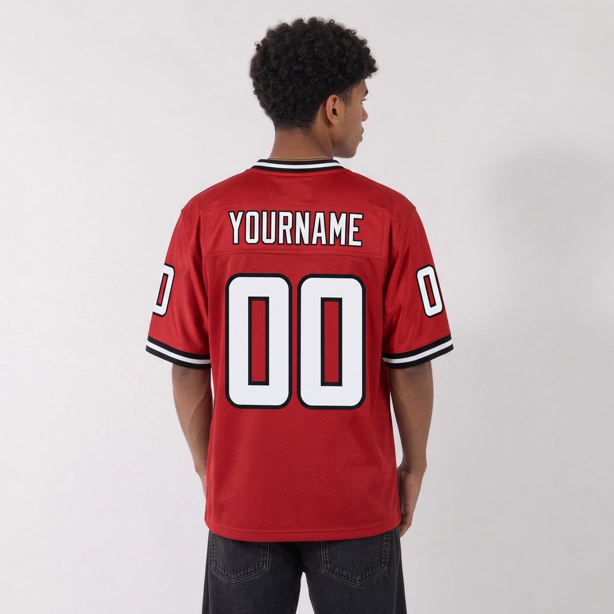 Custom Red White-Black Mesh Throwback Football Jersey - 3