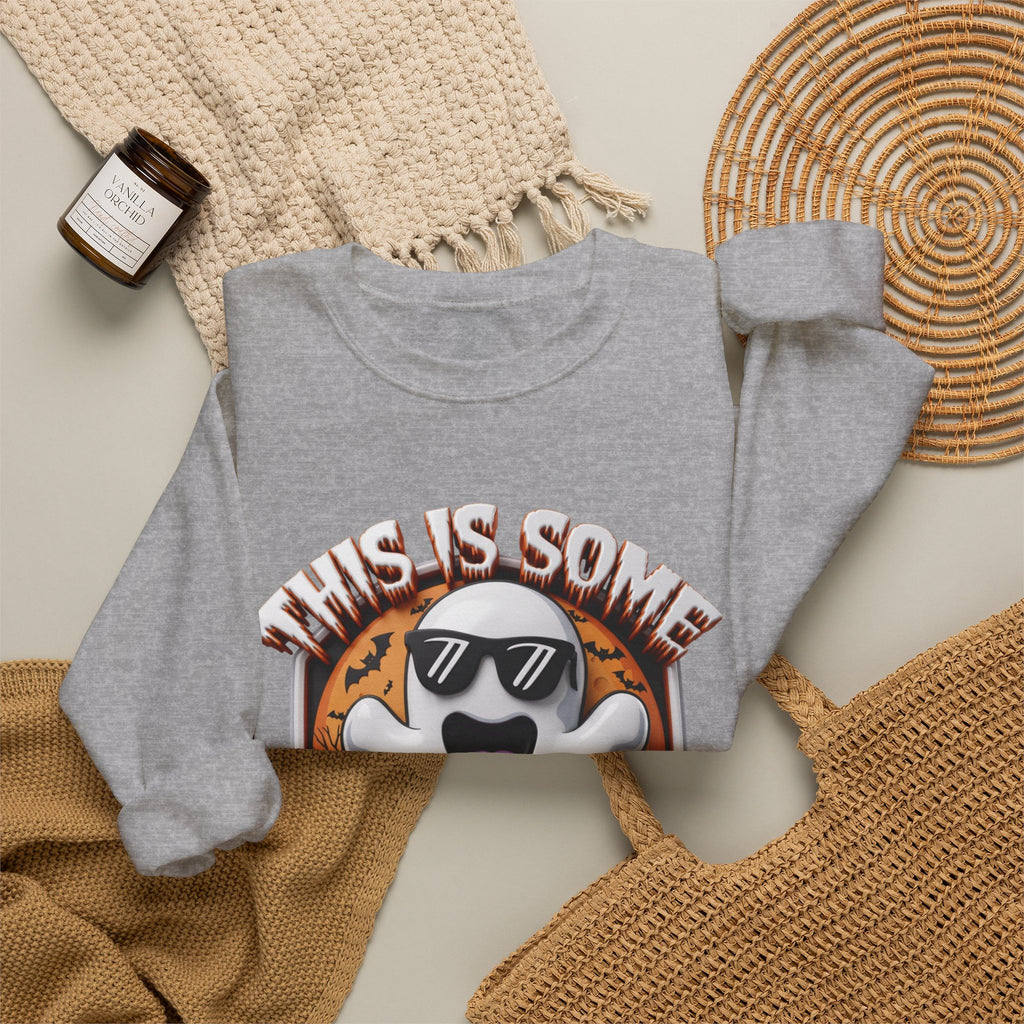 Sport Grey crewneck sweatshirt styled flat with a candle — cartoon ghost in dark sunglasses