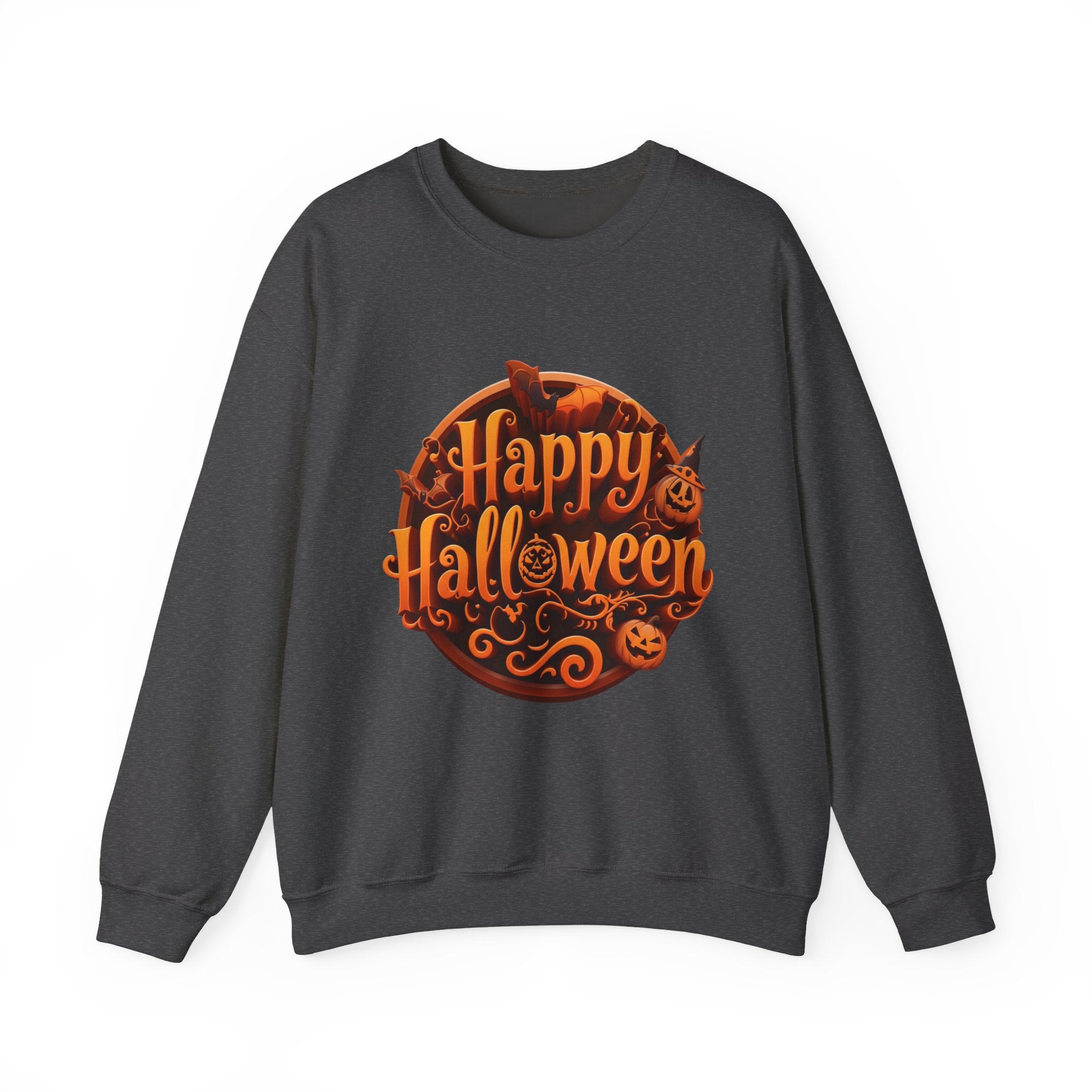 Dark Heather crewneck sweatshirt laid flat, printed with a glowing orange happy halloween script fills a round badge