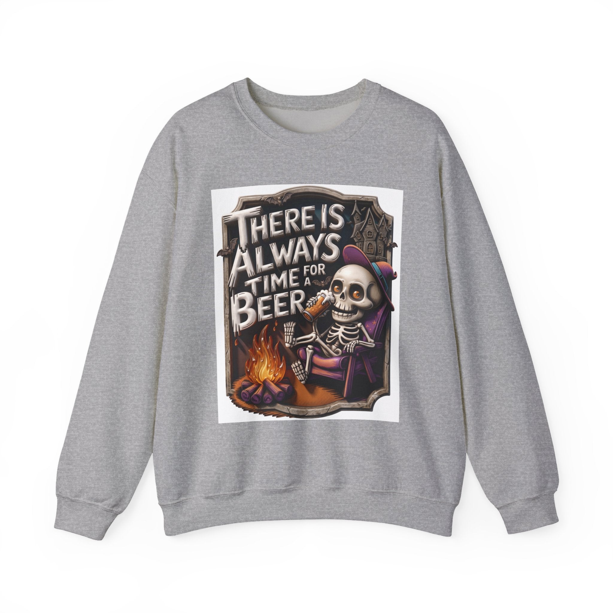Sport Grey crewneck sweatshirt laid flat, printed with a skeleton in a floppy purple hat kicks back