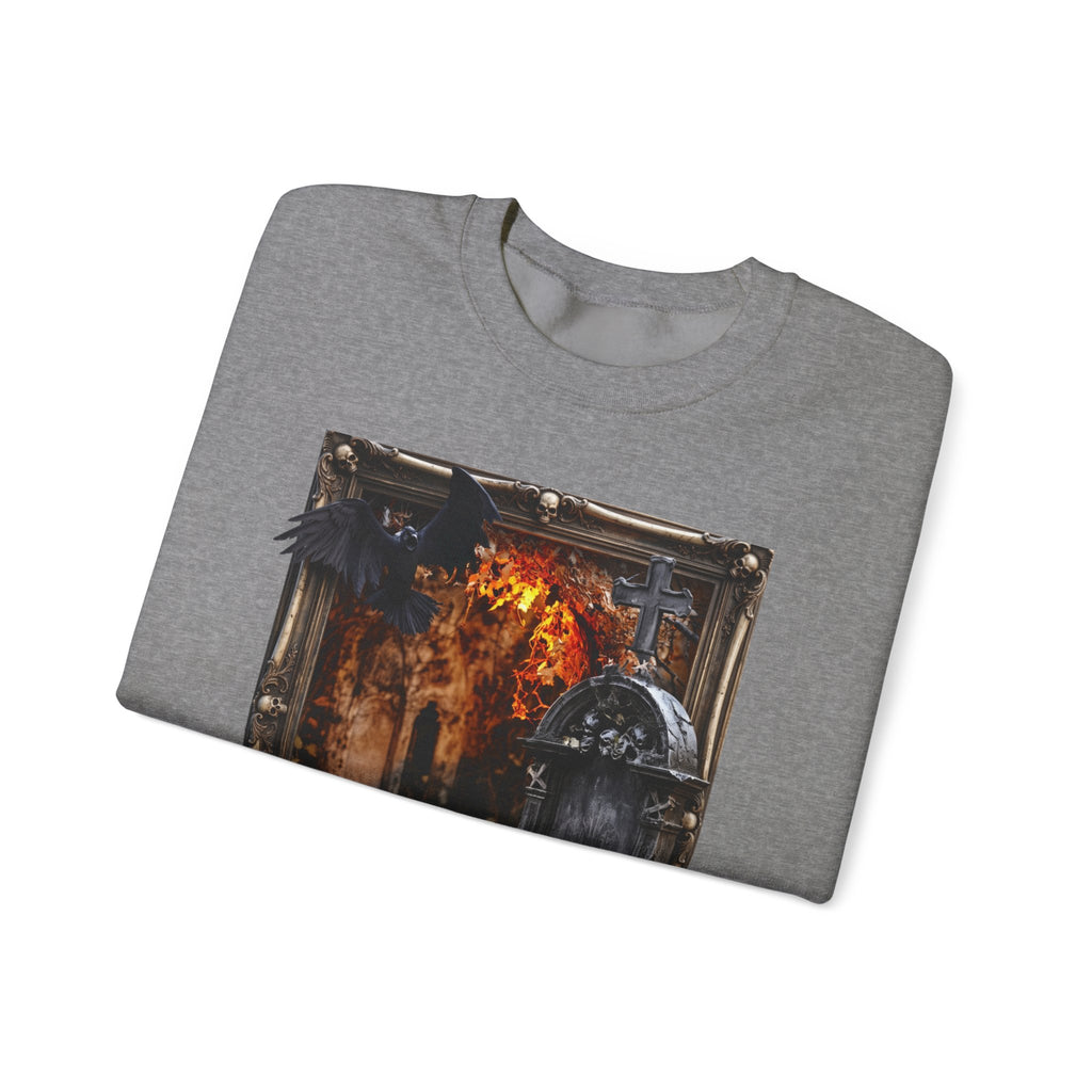 Graphite Heather crewneck sweatshirt folded to show the framed painterly scene of a stone tomb print