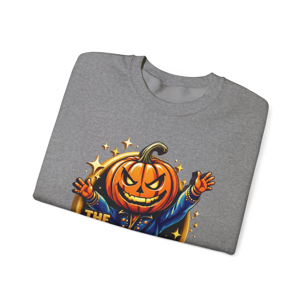 Graphite Heather crewneck sweatshirt folded to show the grinning jack-o-lantern head in a blue jacket throws print