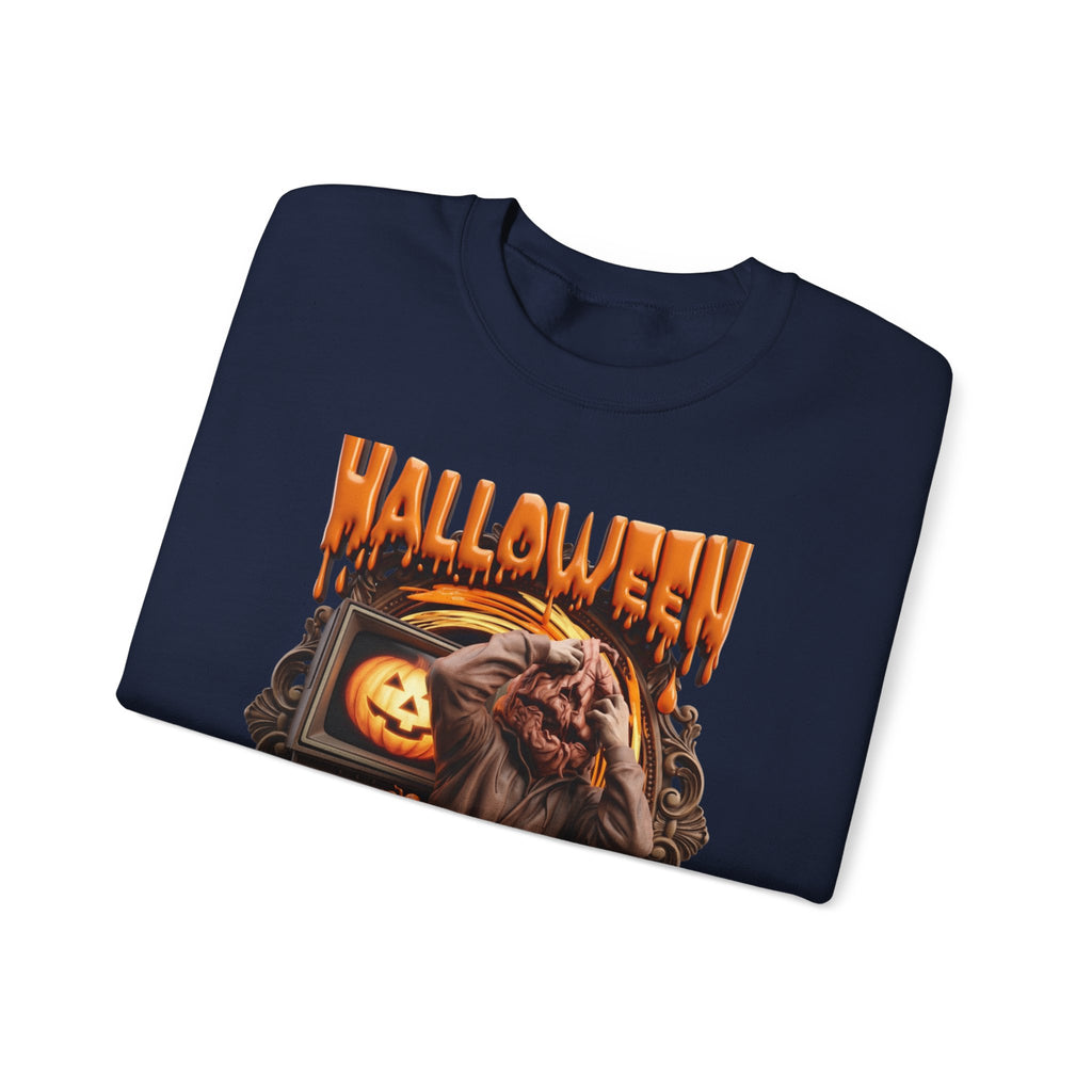Navy crewneck sweatshirt folded to show the hunched monster claws at its own head print