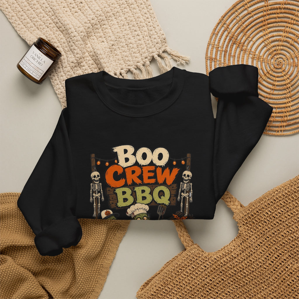 Black crewneck sweatshirt styled flat with a candle — skeletons and zombies at the grill