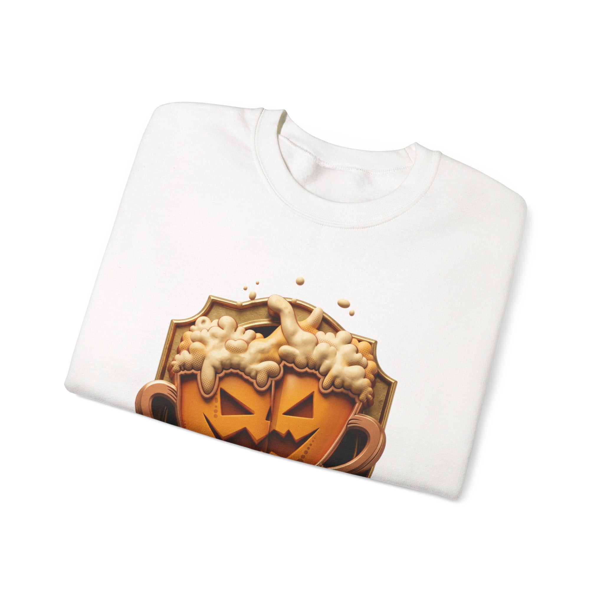 White crewneck sweatshirt folded to show the two frothy beer mugs carved with jack-o-lantern faces clink print
