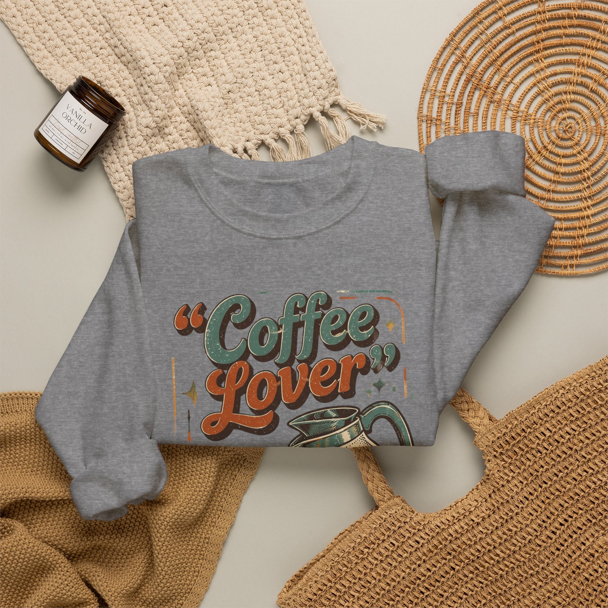 Graphite Heather crewneck sweatshirt styled flat with a candle — retro coffee pot