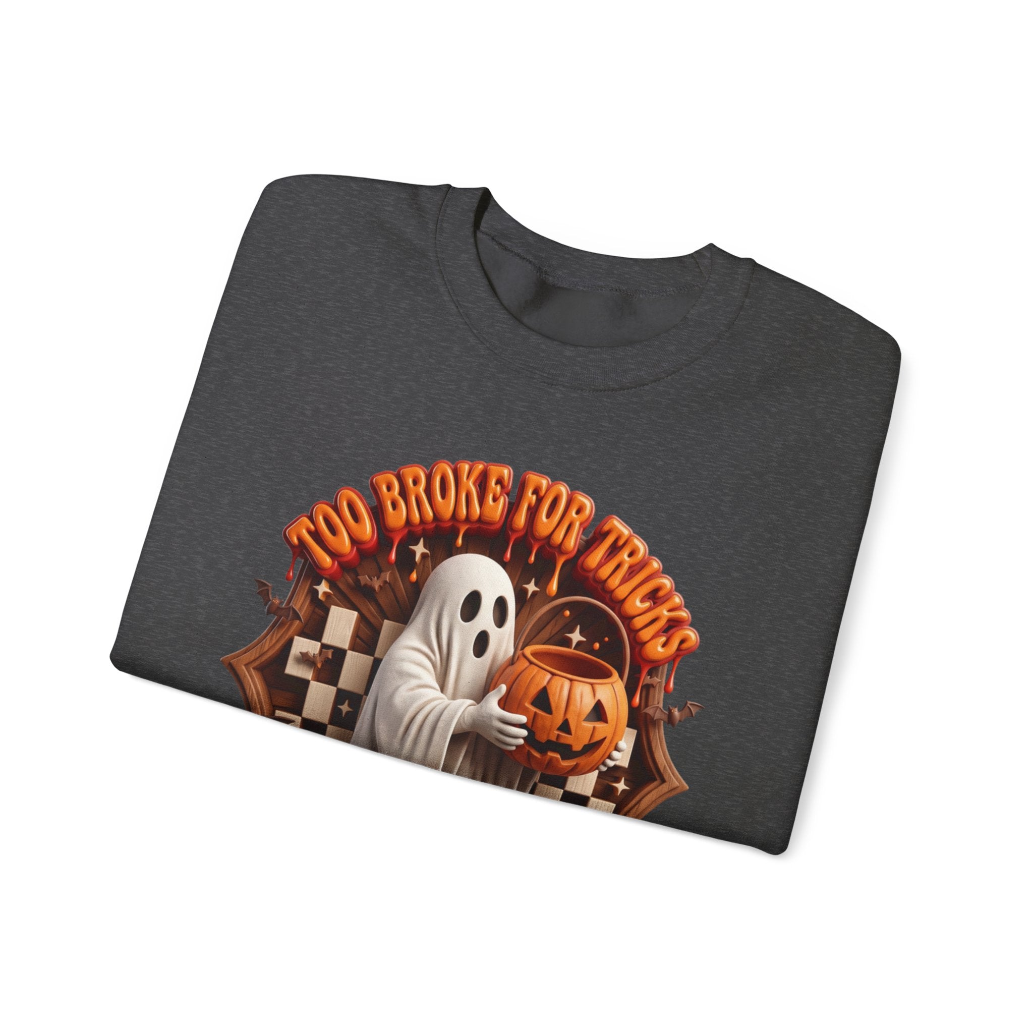 Dark Heather crewneck sweatshirt folded to show the sheet ghost hugs a jack-o-lantern candy pail print