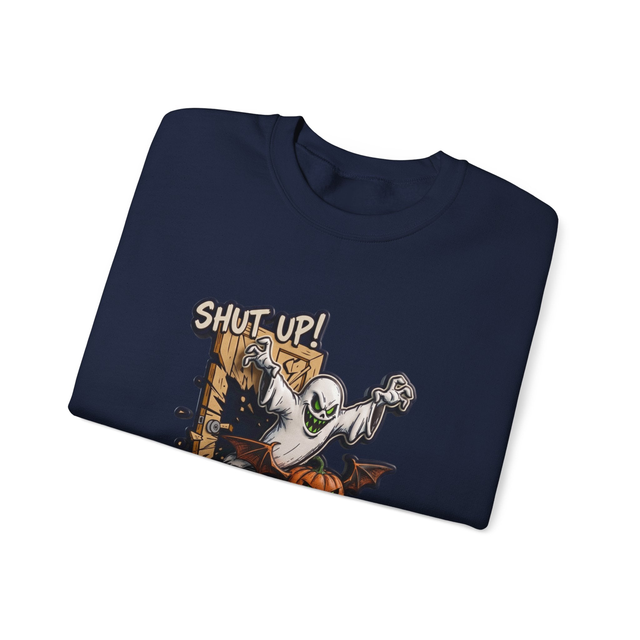 Navy crewneck sweatshirt folded to show the green-eyed ghost with bat wings bursts through a wooden print
