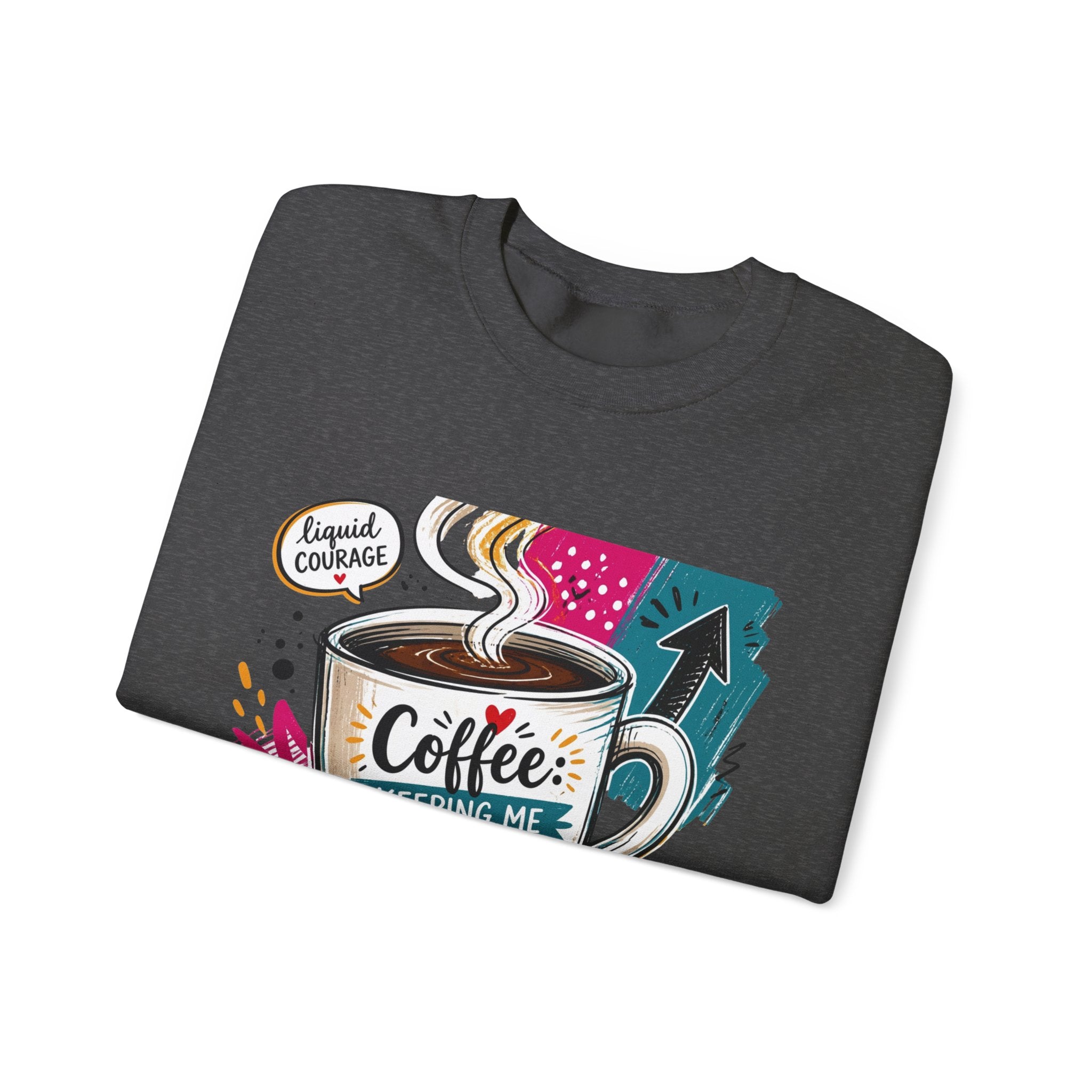 Dark Heather crewneck sweatshirt folded to show the striped coffee mug in a retro paper collage reading print