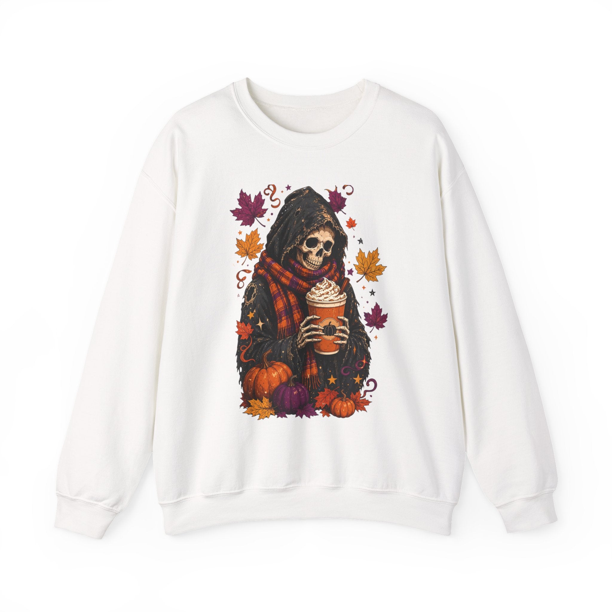 White crewneck sweatshirt laid flat, printed with a hooded skeleton holding a pumpkin spice drink