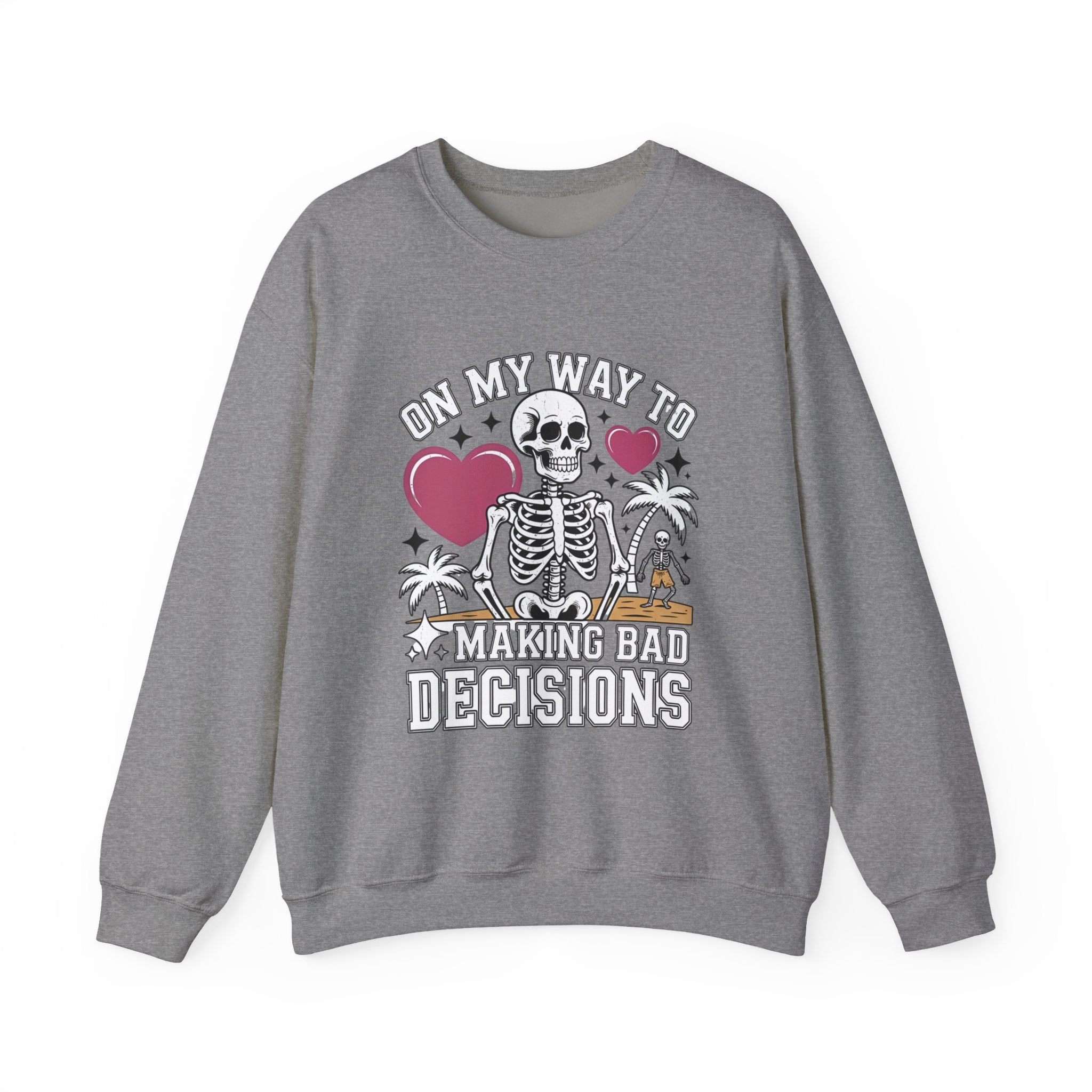 Graphite Heather crewneck sweatshirt laid flat, printed with a two line drawn skeletons under pink hearts