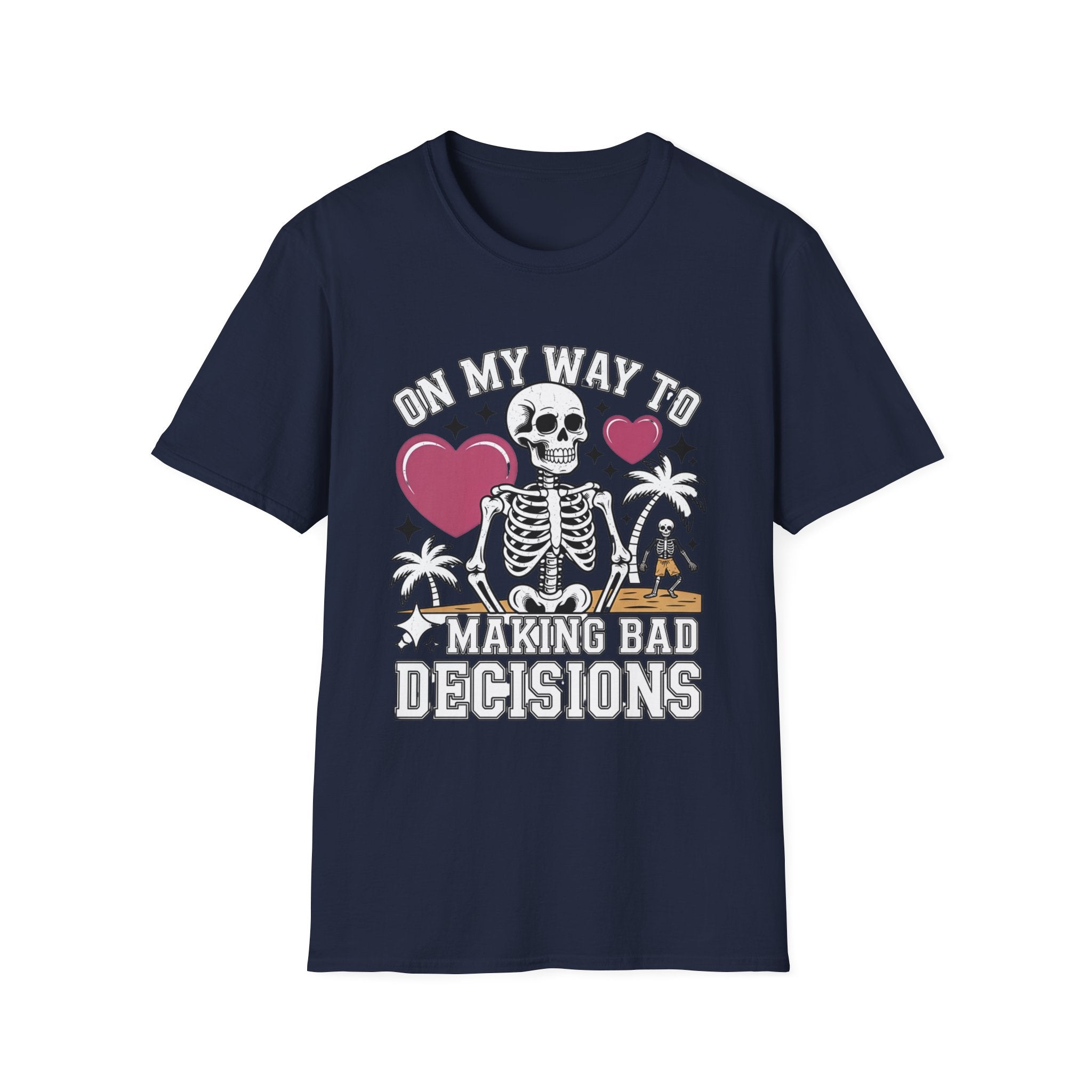 Navy t-shirt laid flat, printed with a two line drawn skeletons under pink hearts and bold