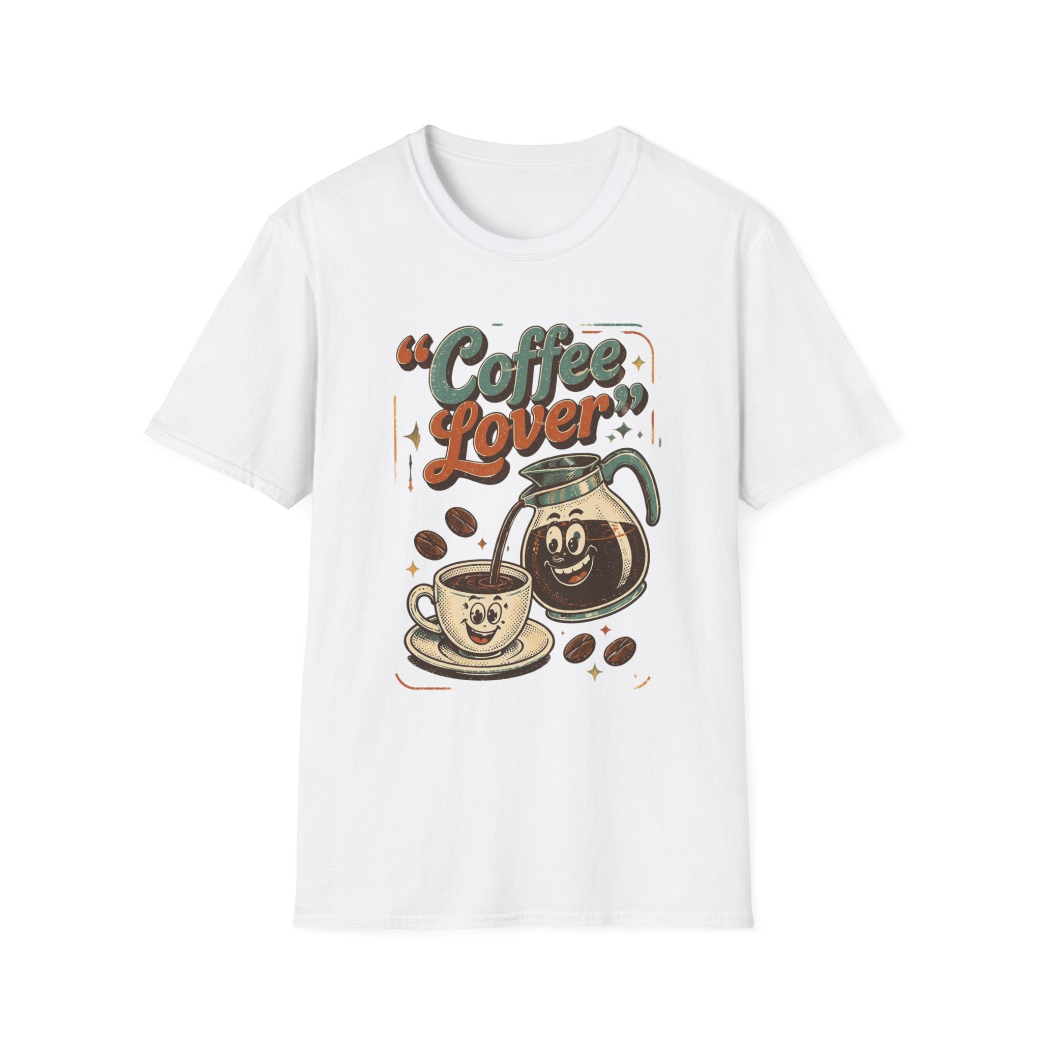 White t-shirt laid flat, printed with a retro coffee pot and steaming cup under the words