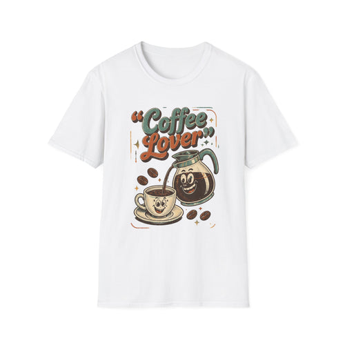 White t-shirt laid flat, printed with a retro coffee pot and steaming cup under the words
