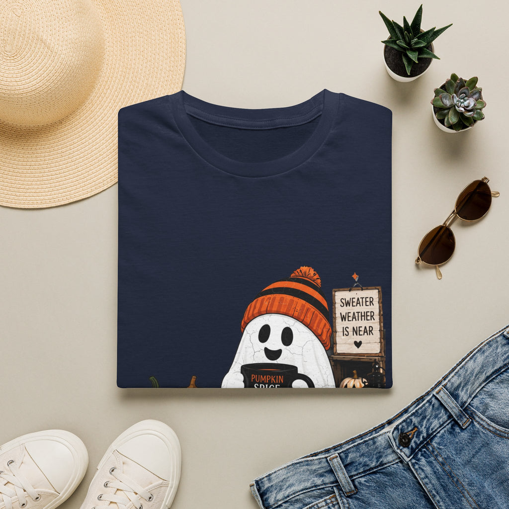 Navy t-shirt styled flat with a candle — small ghost in a knitted beanie