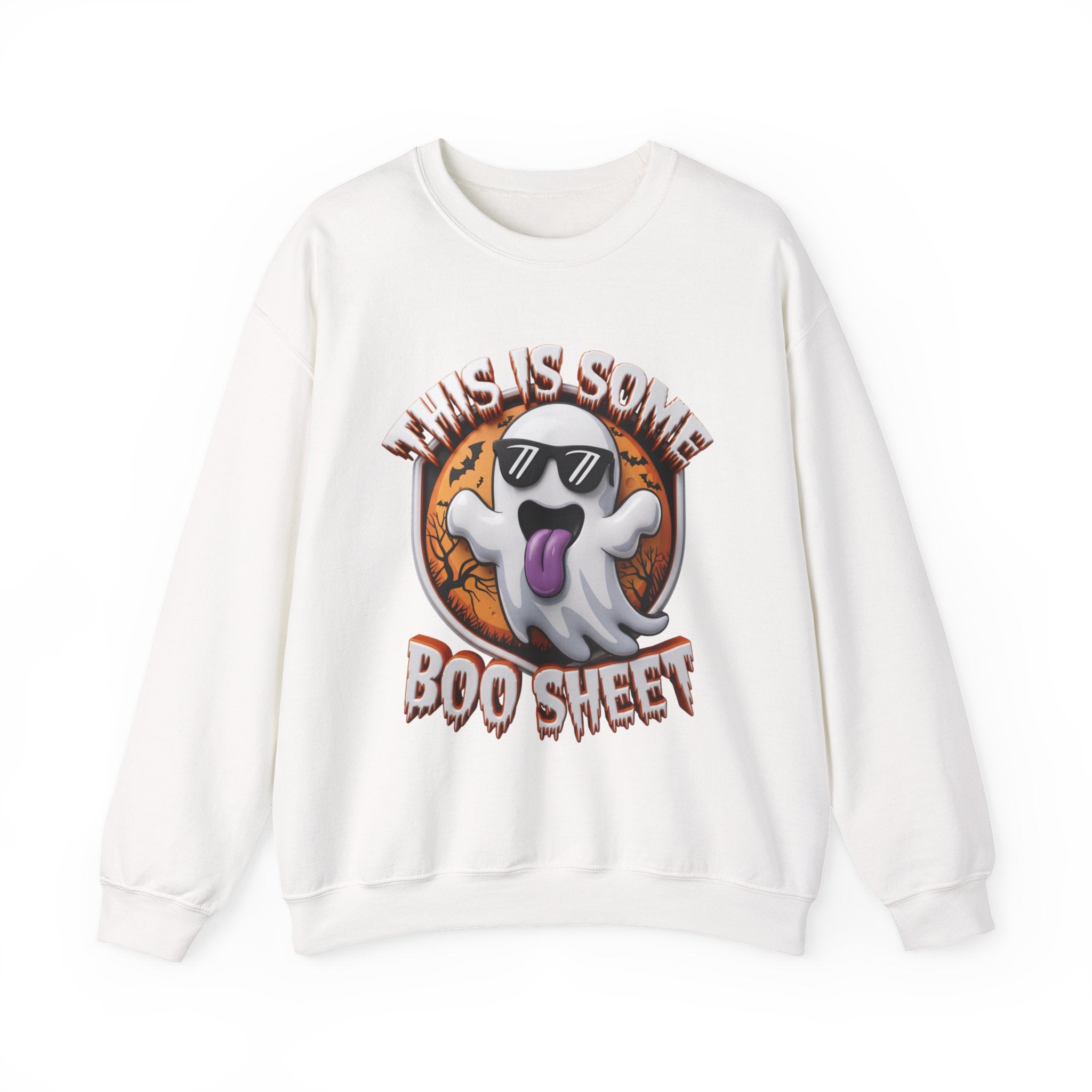 White crewneck sweatshirt laid flat, printed with a cartoon ghost in dark sunglasses sticks its purple tongue