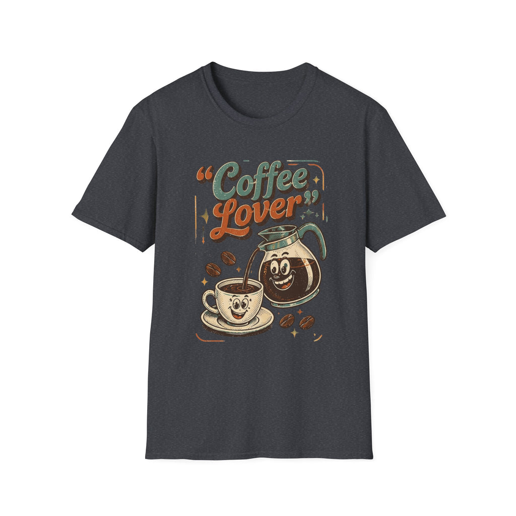 Dark Heather Grey t-shirt, plain back — retro coffee pot and steaming cup on the front