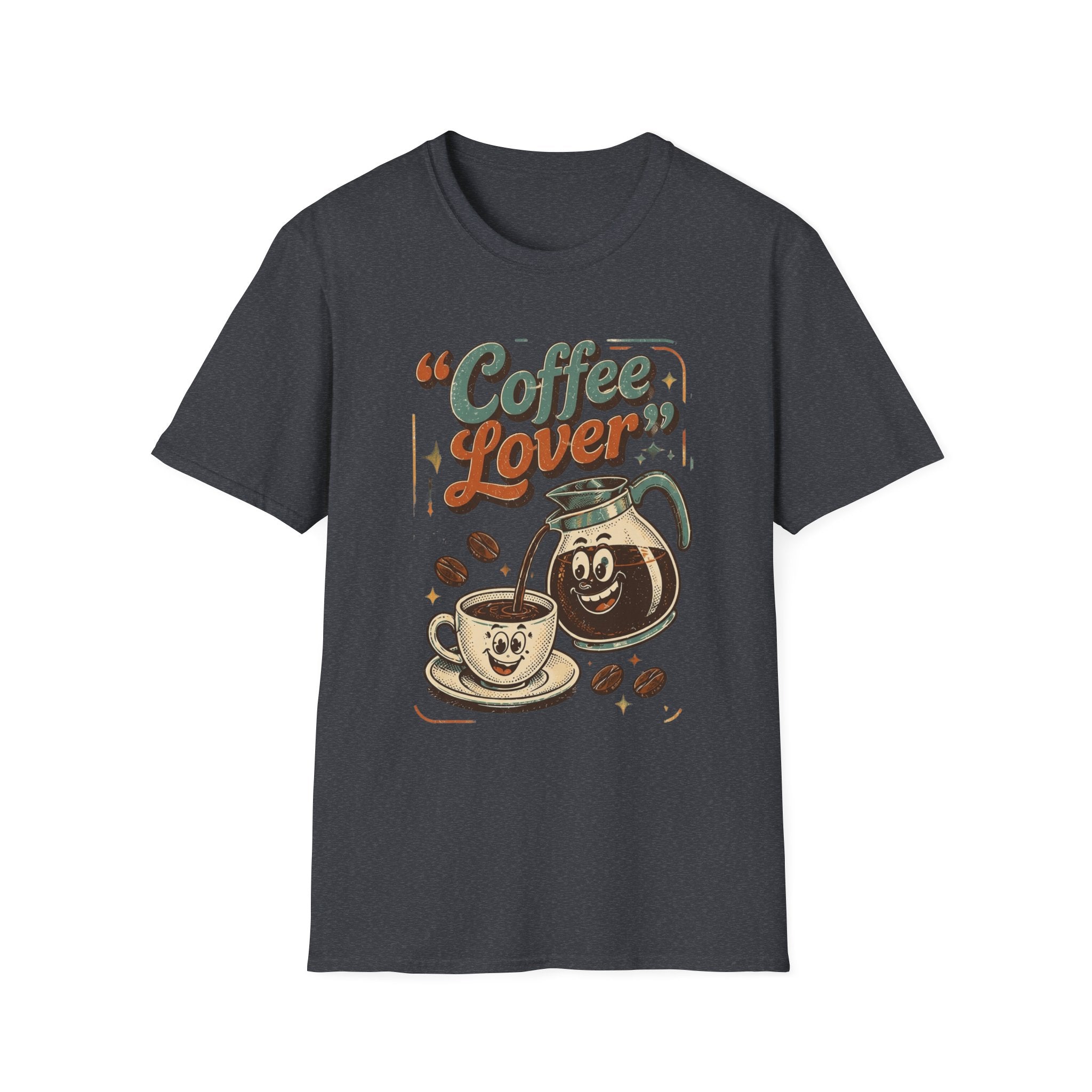 Dark Heather Grey t-shirt, plain back — retro coffee pot and steaming cup on the front