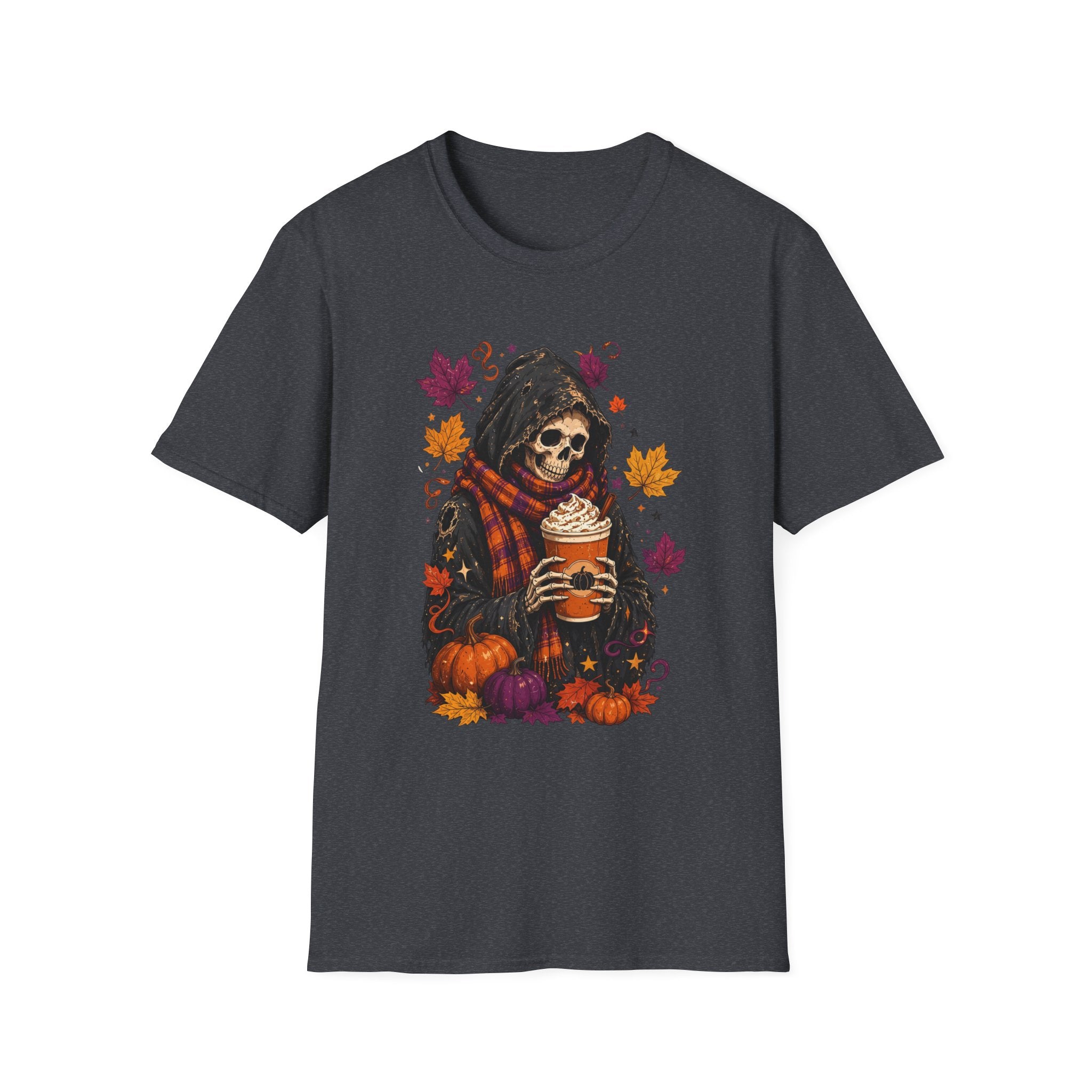 Dark Heather Grey t-shirt, plain back — hooded reaper with pumpkin spice drink on the front