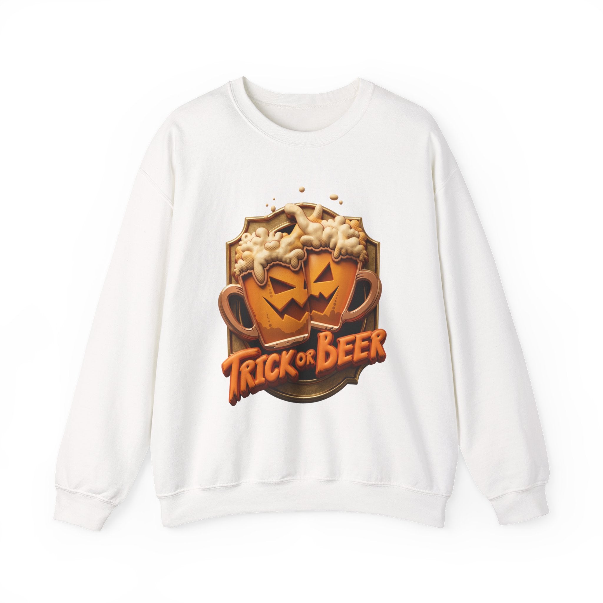 White crewneck sweatshirt laid flat, printed with a two frothy beer mugs carved with jack-o-lantern faces clink
