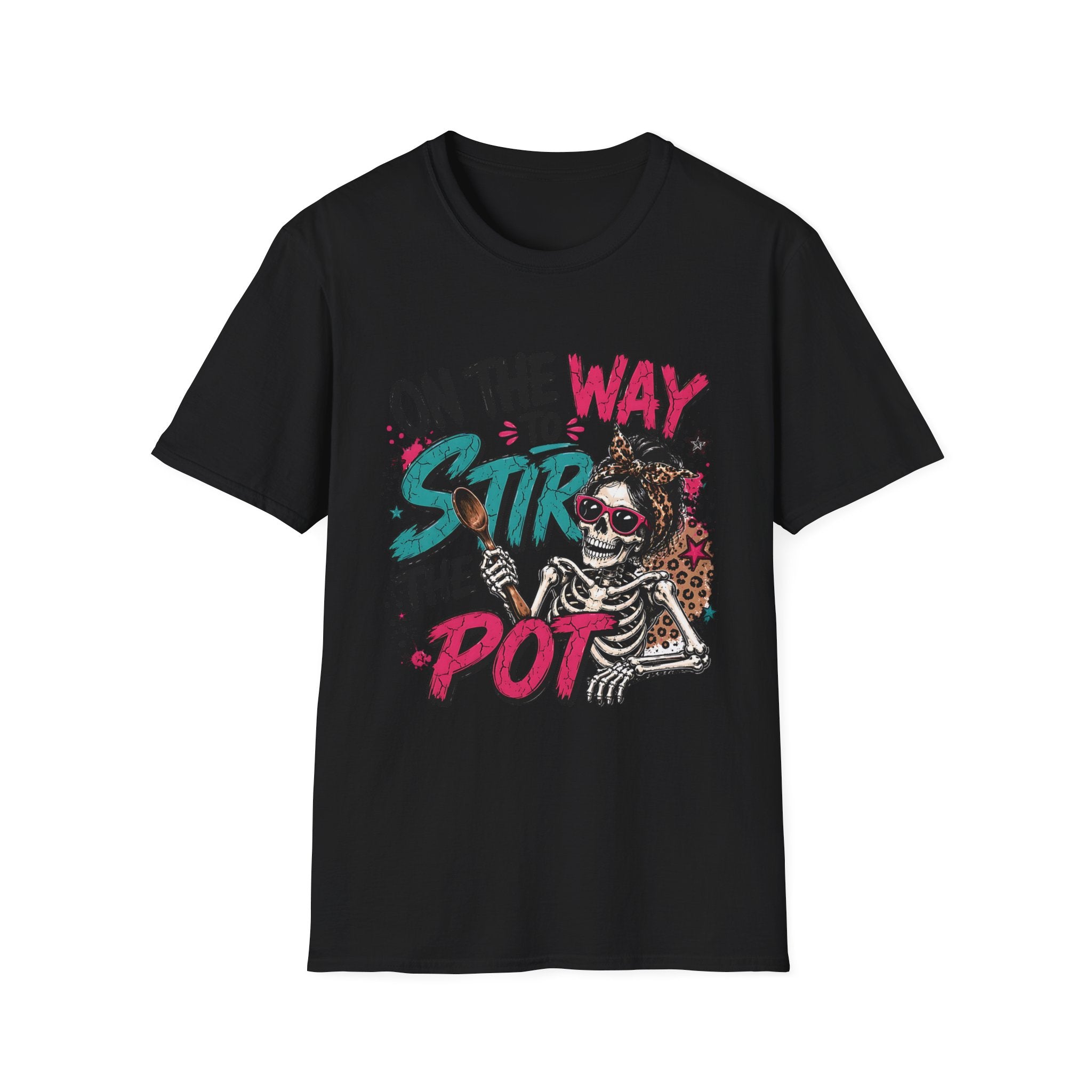 Black t-shirt laid flat, printed with a skeleton and bold teal and pink lettering reading