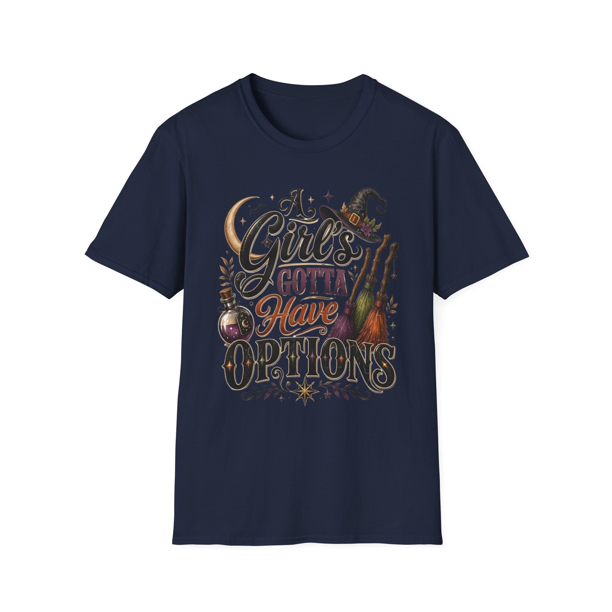Navy t-shirt laid flat, printed with a hand-lettered script reading a girl's gotta have options