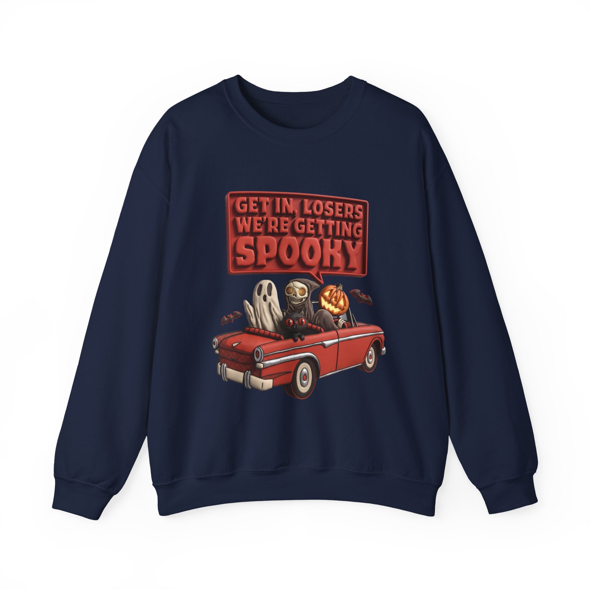 Navy crewneck sweatshirt laid flat, printed with a ghost