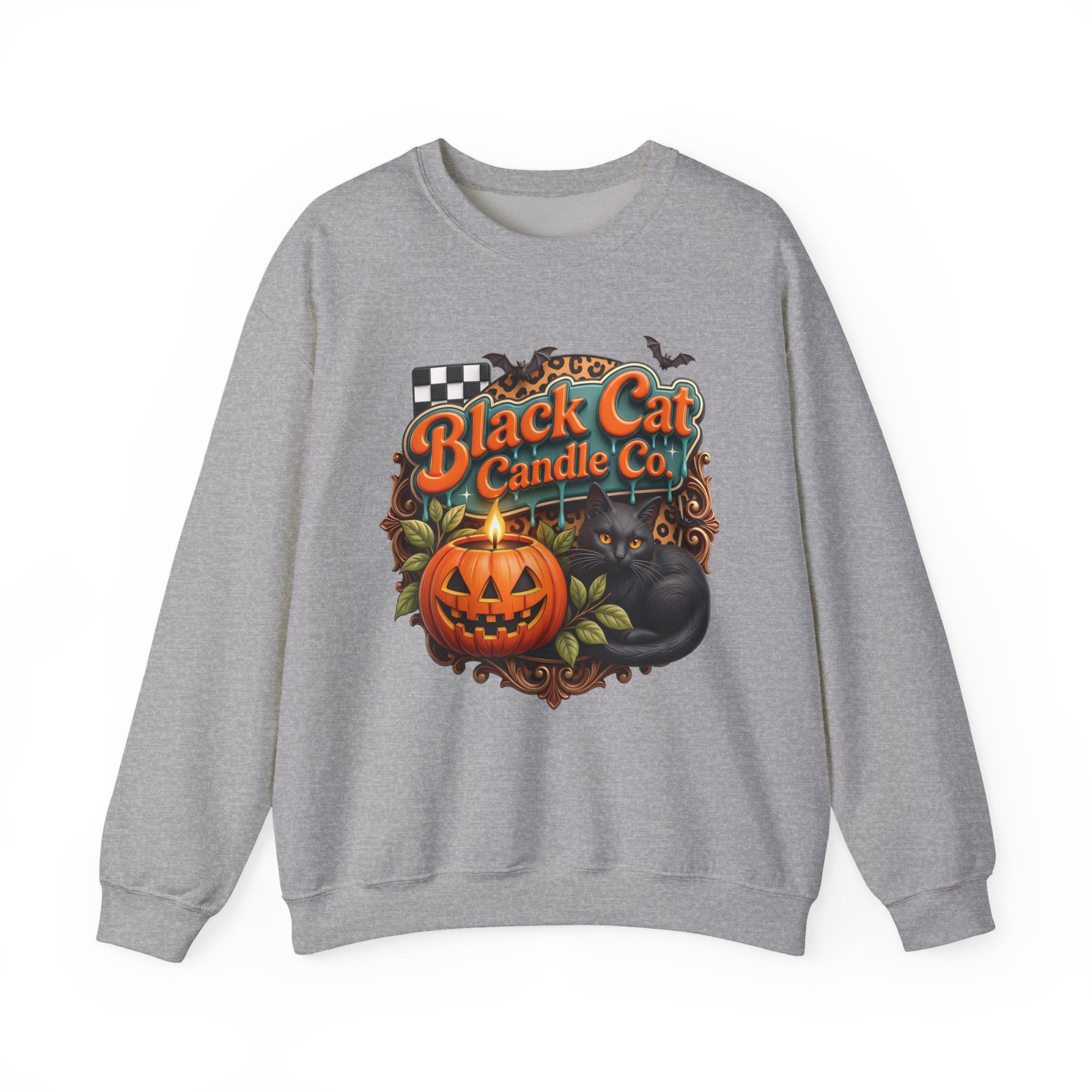 Sport Grey crewneck sweatshirt laid flat, printed with a retro teal signboard reads black cat candle co