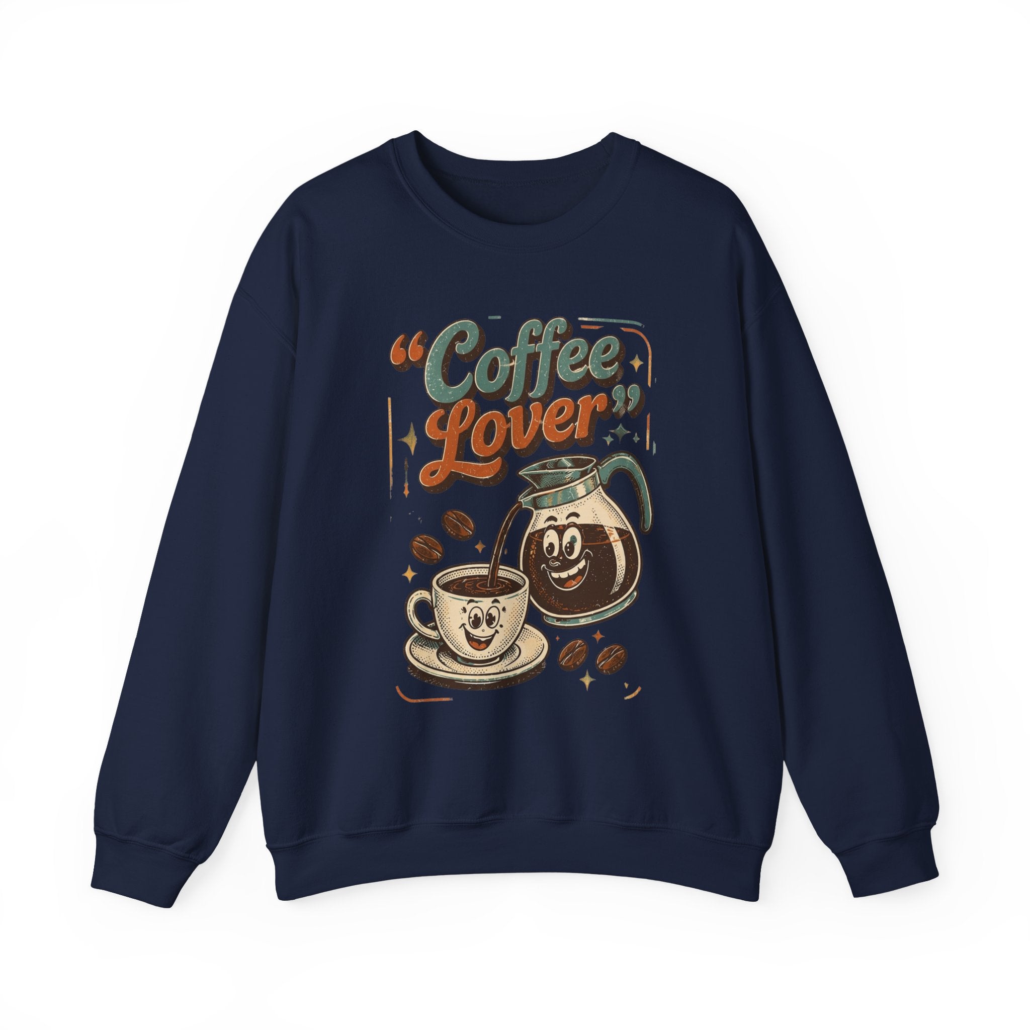 Navy crewneck sweatshirt laid flat, printed with a retro coffee pot