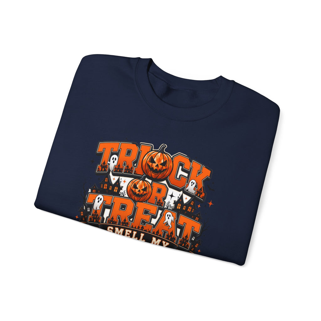 Navy crewneck sweatshirt folded to show the stacked orange and black lettering spells out the classic print