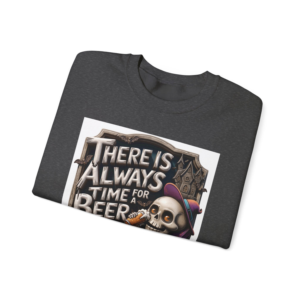 Dark Heather crewneck sweatshirt folded to show the skeleton in a floppy purple hat kicks back print