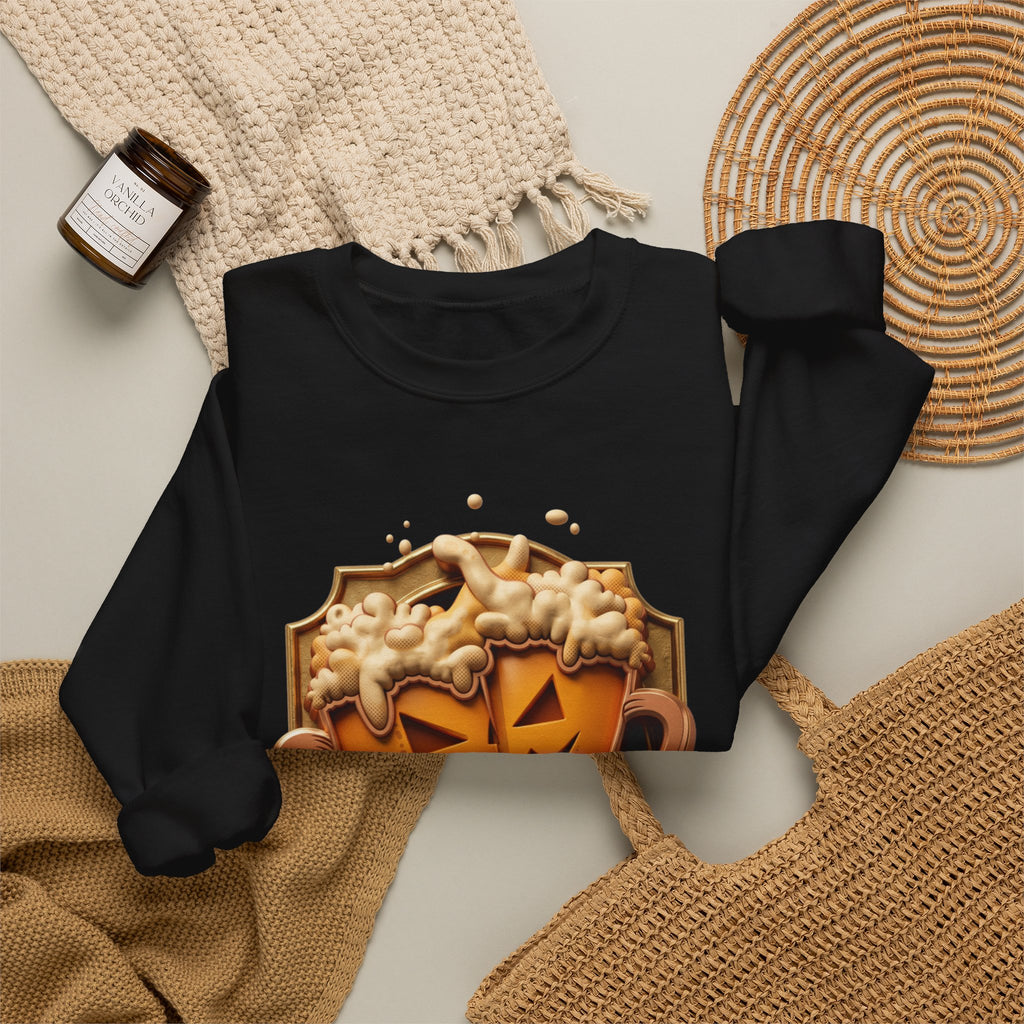 Black crewneck sweatshirt styled flat with a candle — beer mugs carved as jack-o-lanterns