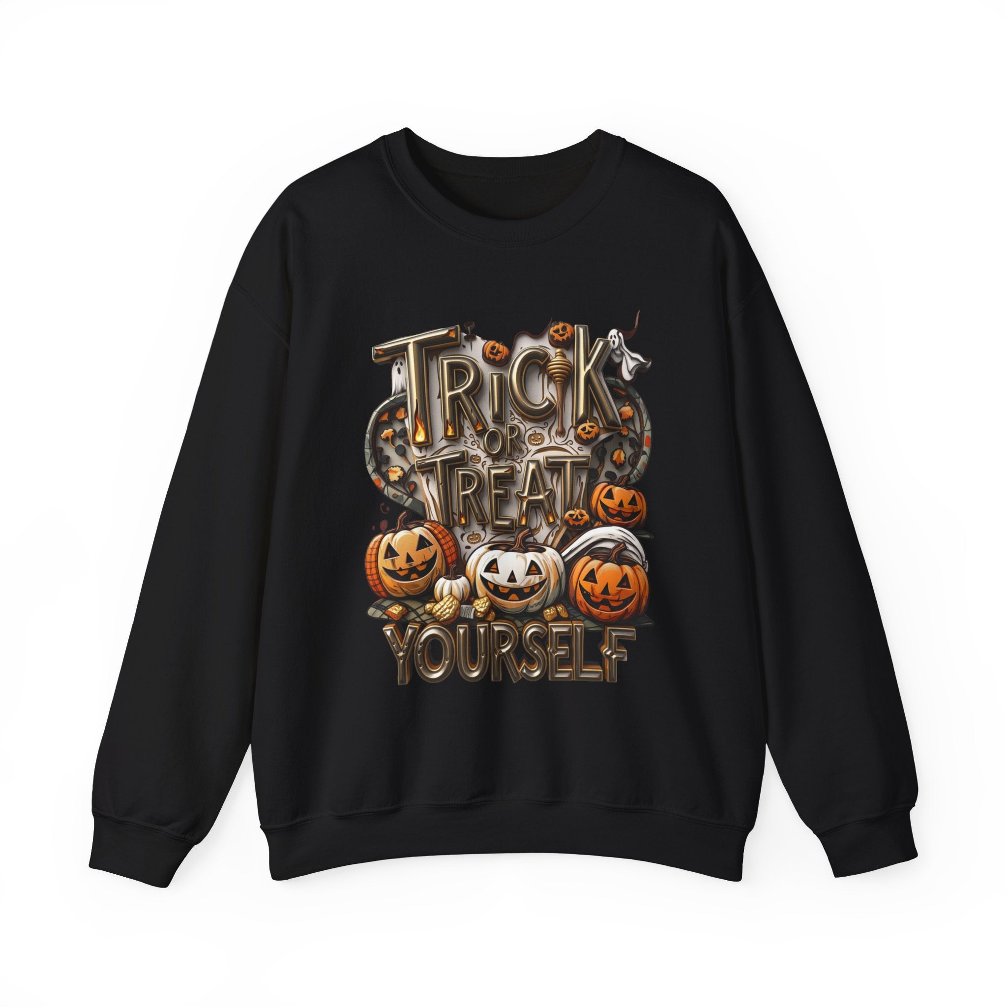 Black crewneck sweatshirt laid flat, printed with a carved metallic lettering reading trick or treat yourself sits